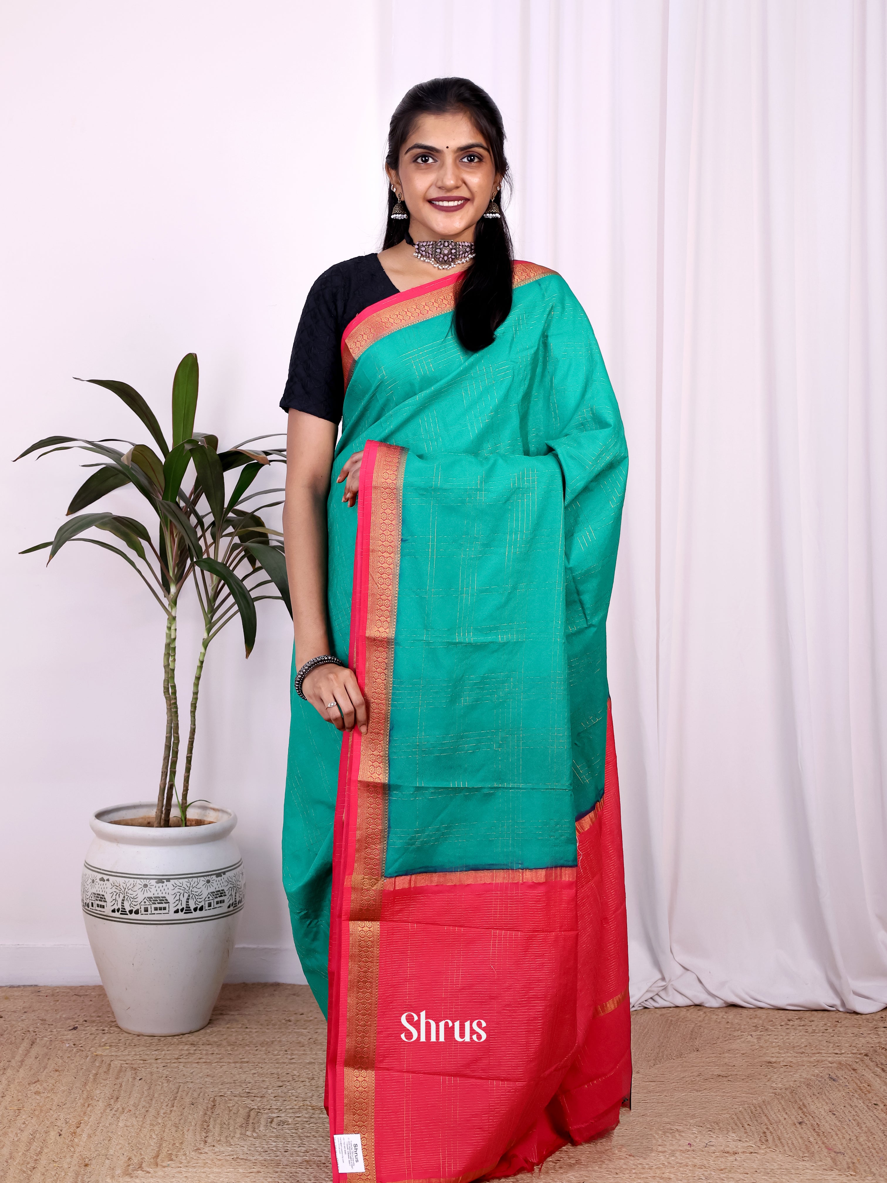 Green & Pink - Semi Mysoresilk Saree