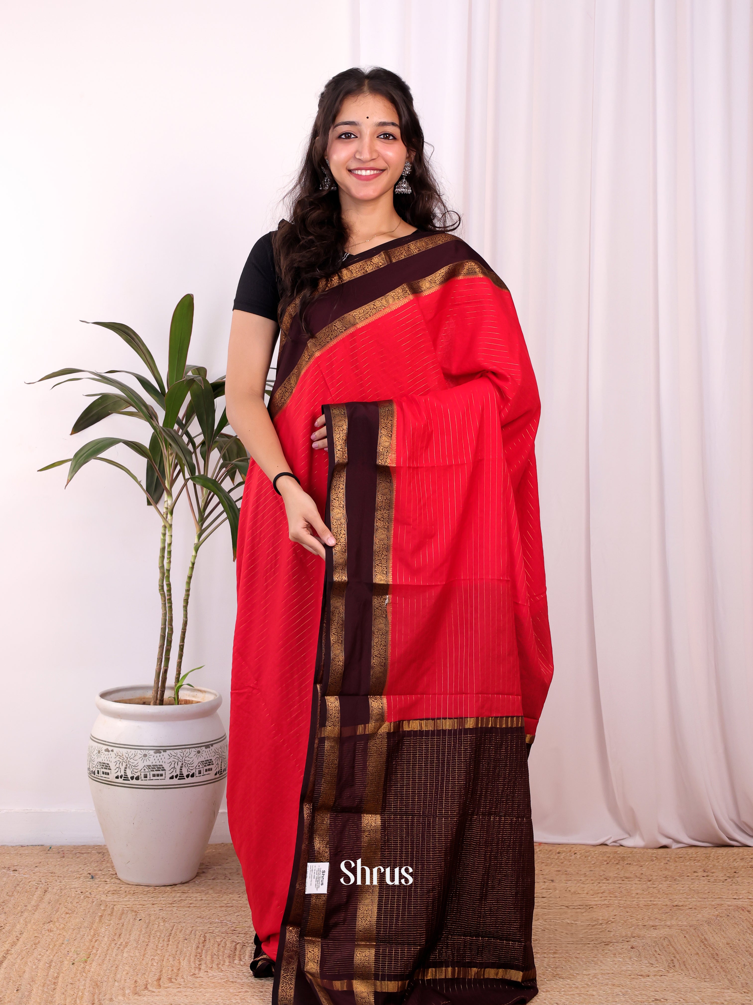 Red & Brown - Semi Mysoresilk Saree