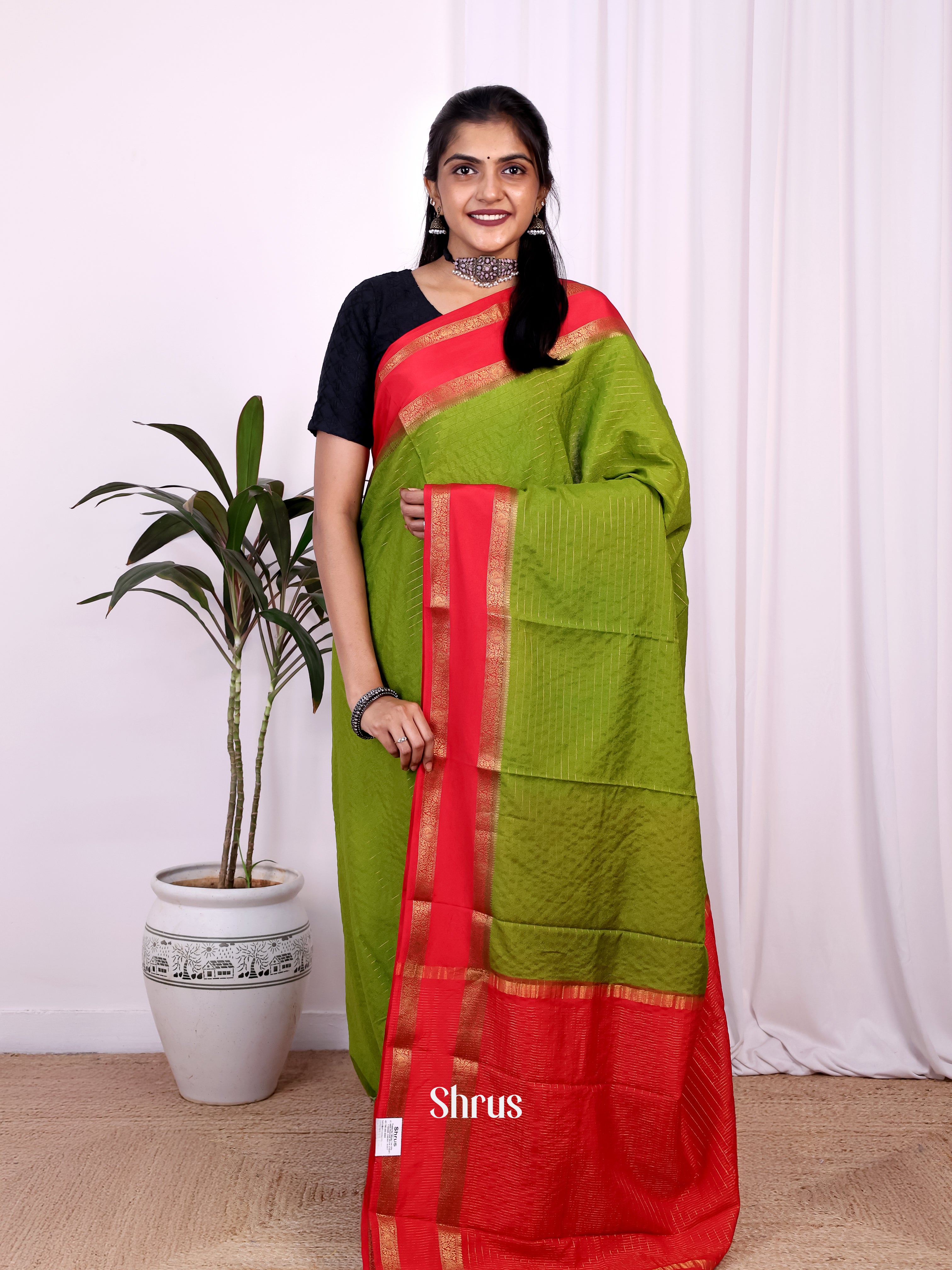 Green & Red - Semi Mysoresilk Saree