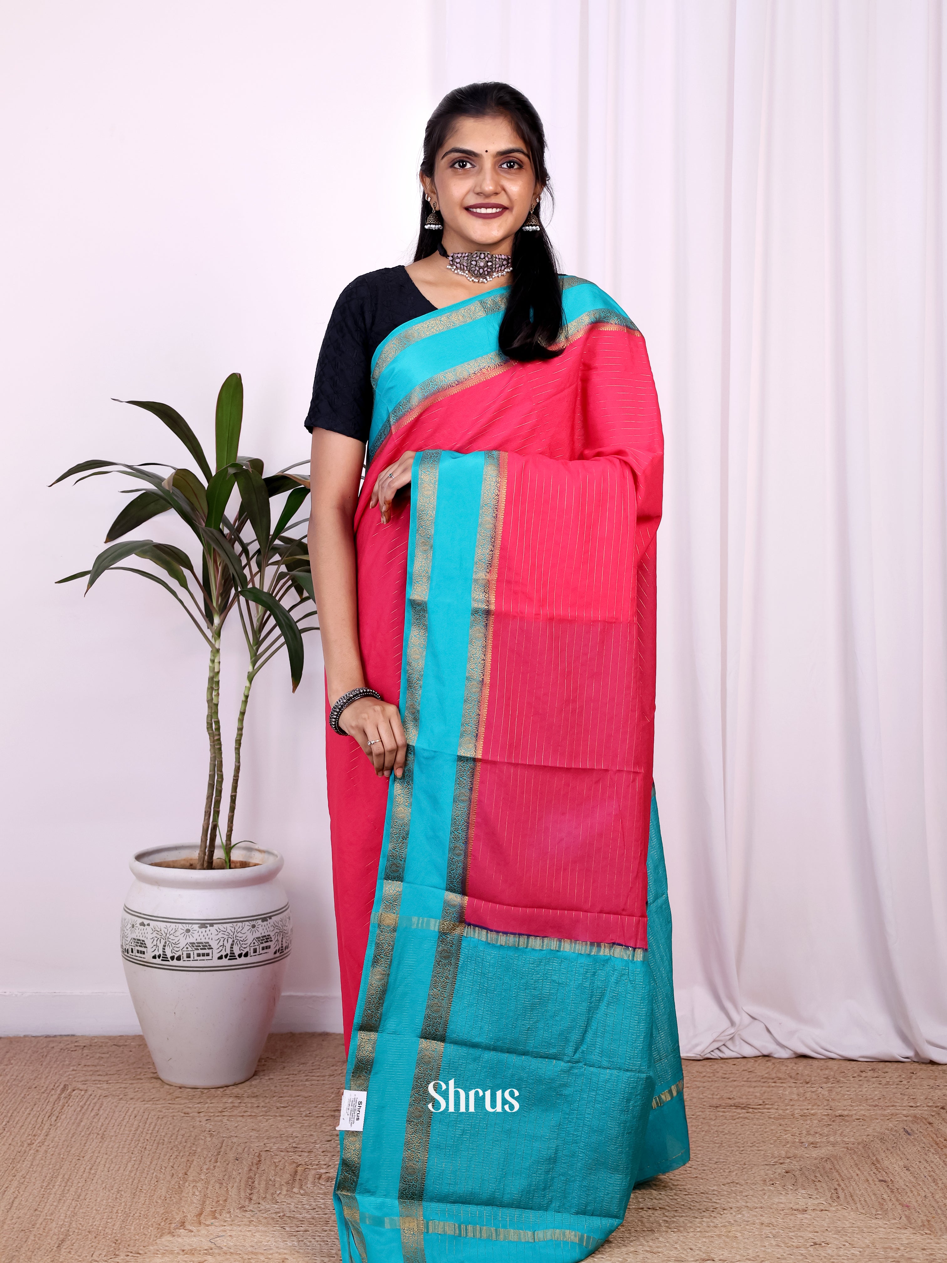 Pink & Blue - Semi Mysoresilk Saree