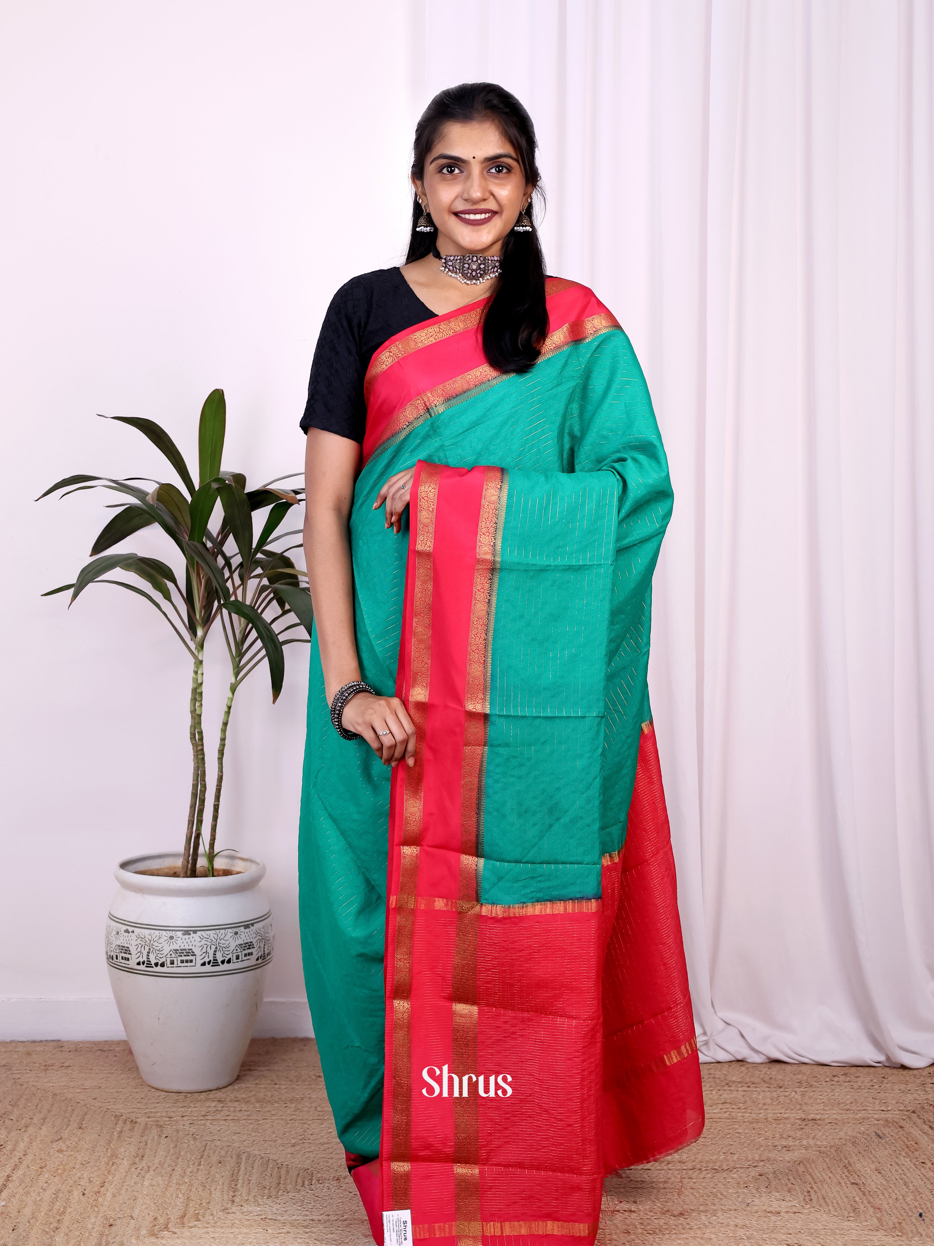 Green & Red  - Semi Mysoresilk Saree