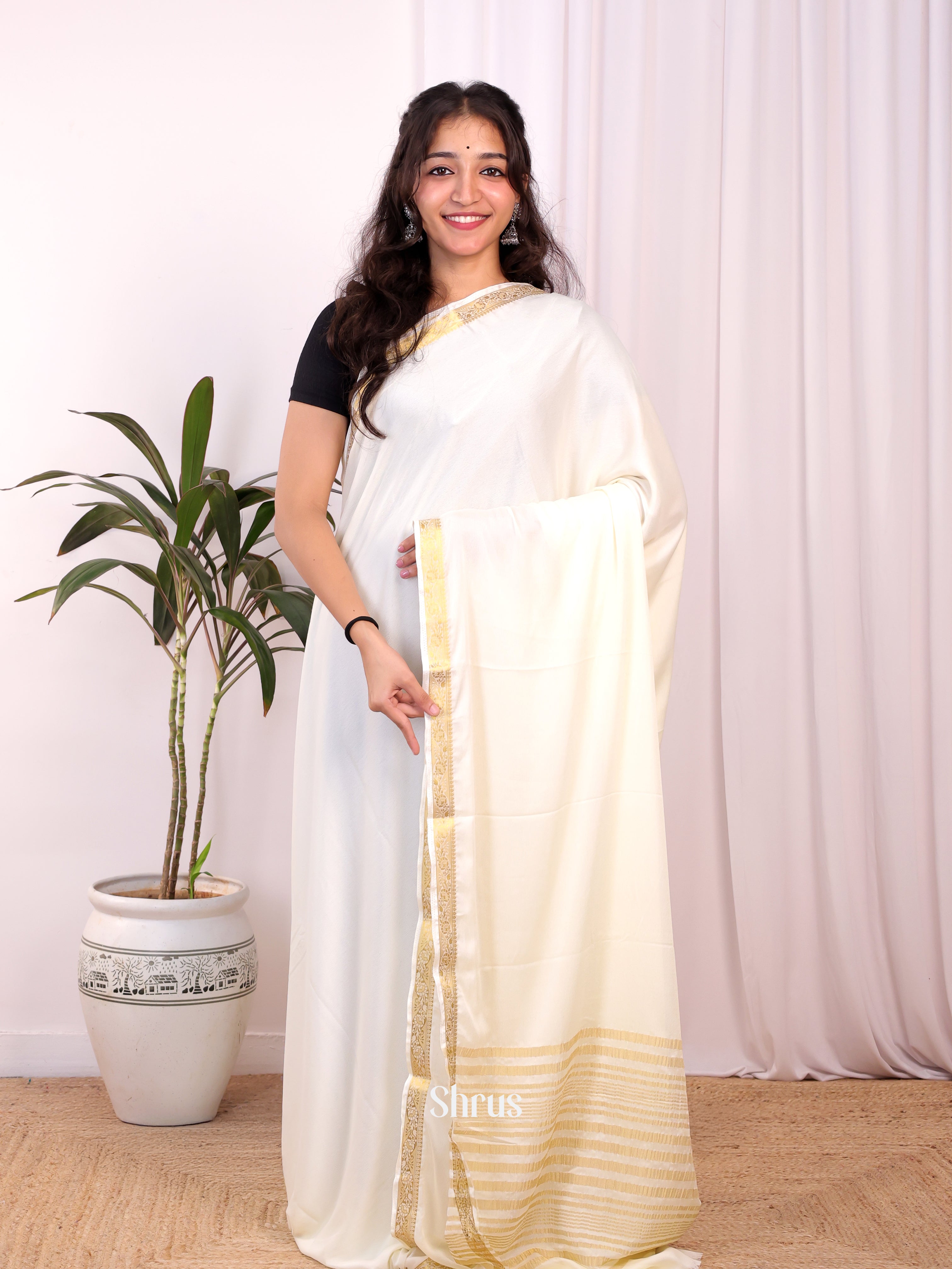 Cream - Semi Mysoresilk Saree