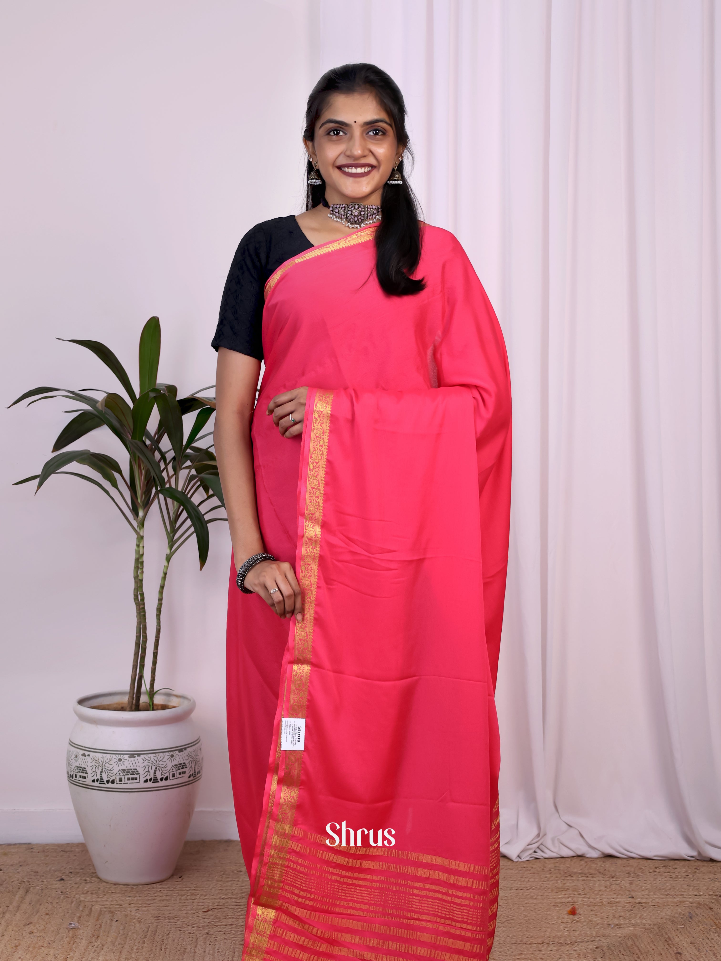 Pink - Semi Mysoresilk Saree