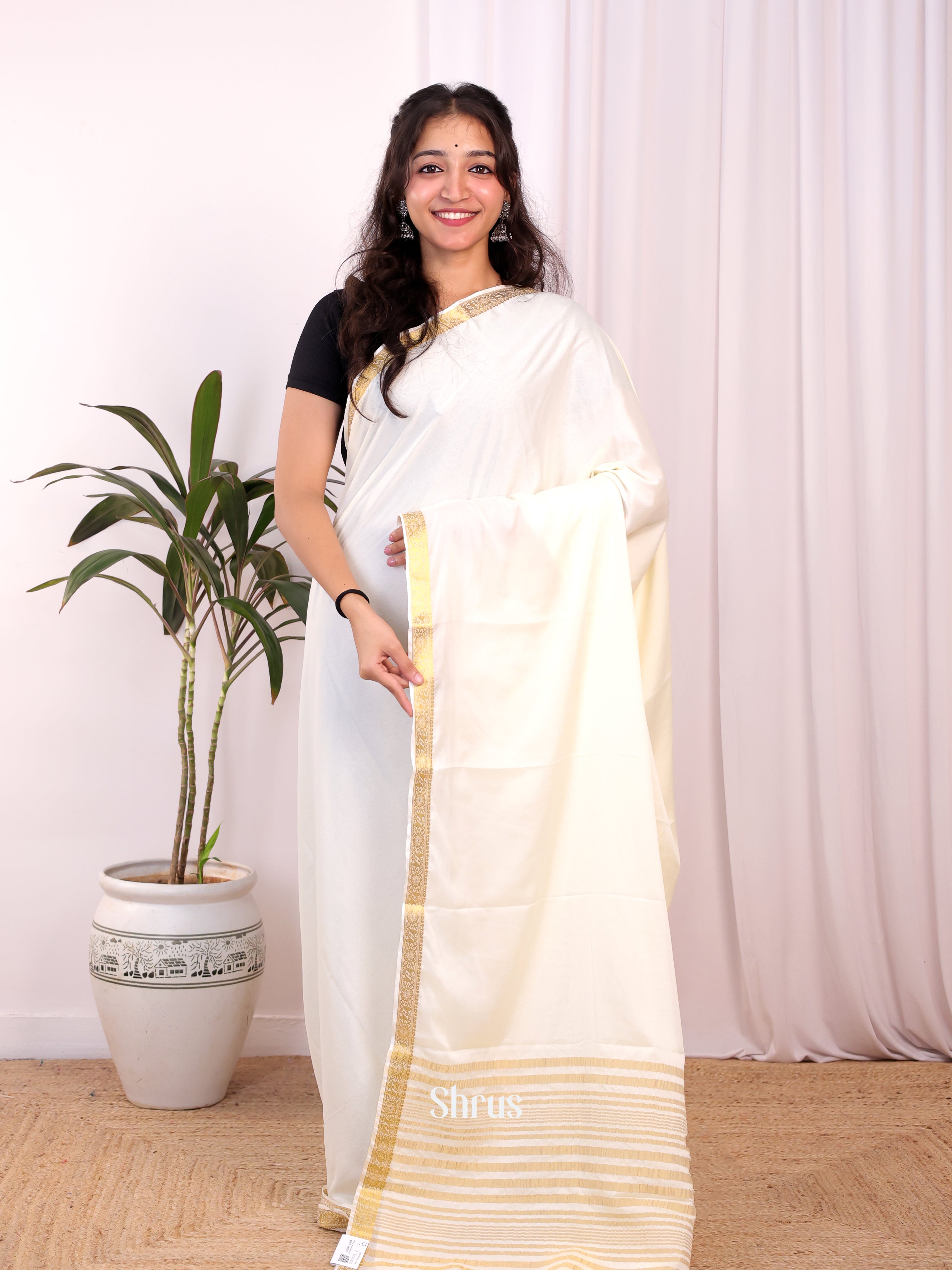 Cream - Semi Mysoresilk Saree