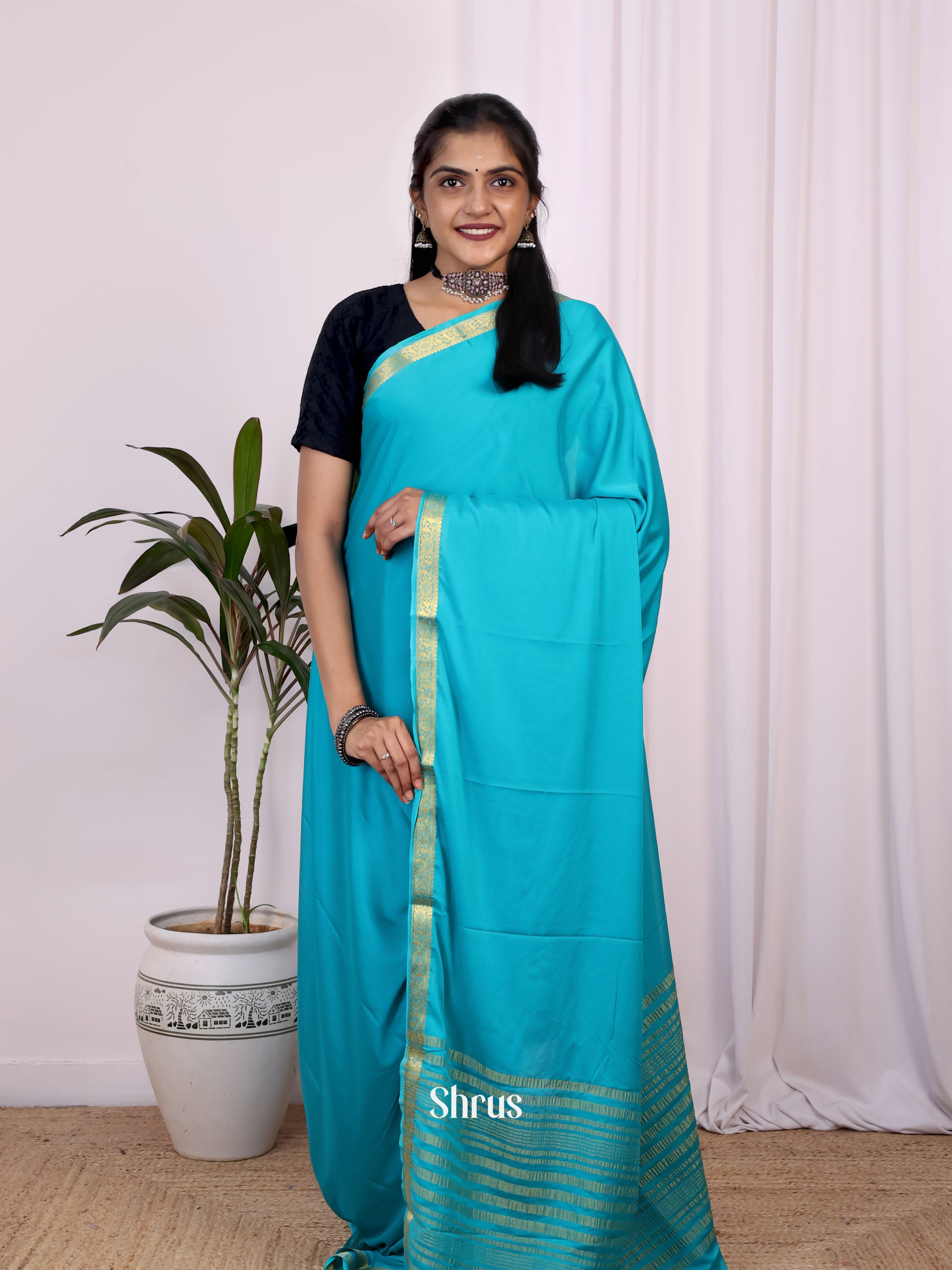 Teal - Semi Mysoresilk Saree