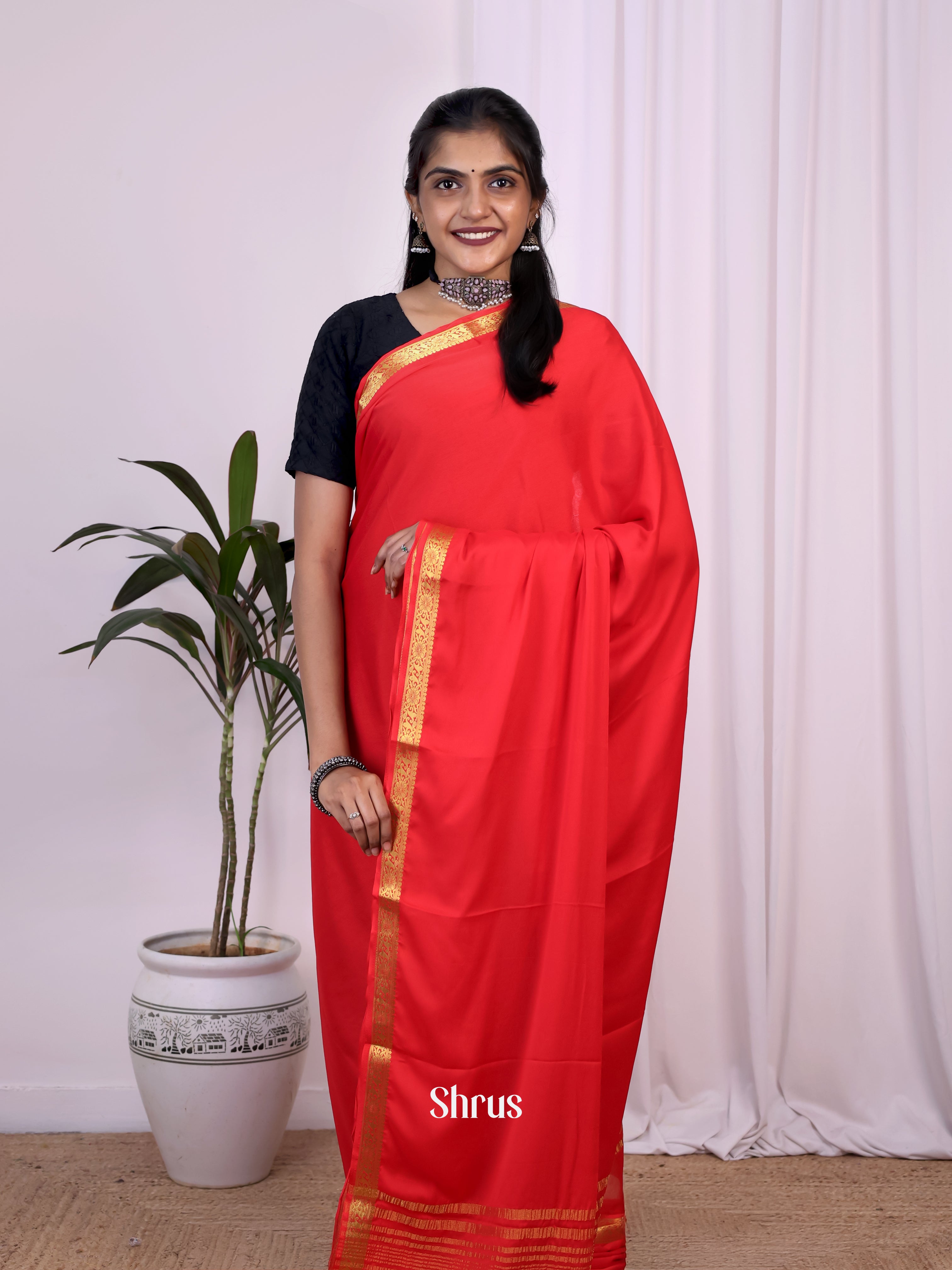 Red - Semi Mysoresilk Saree