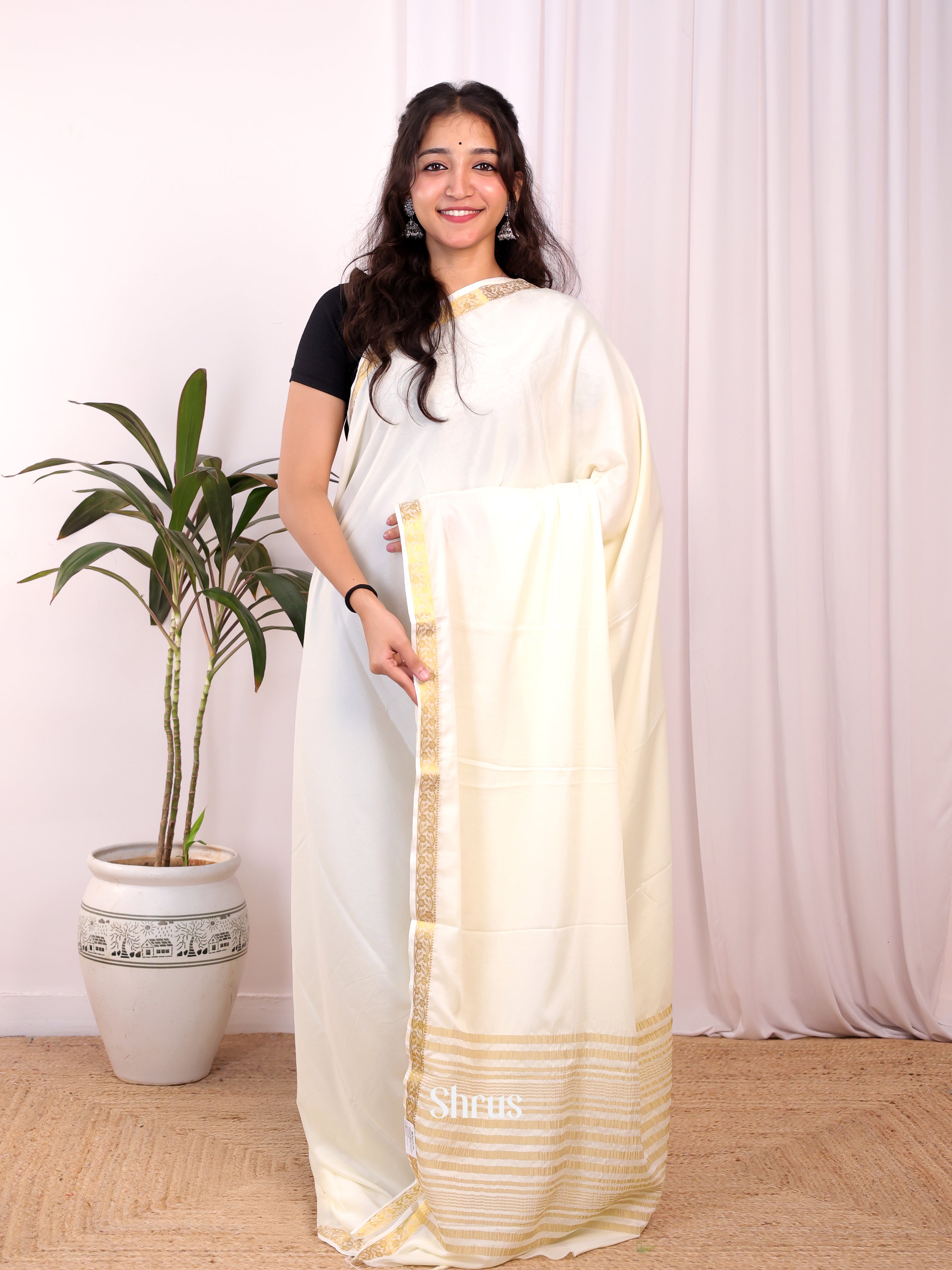 Cream - Semi Mysoresilk Saree