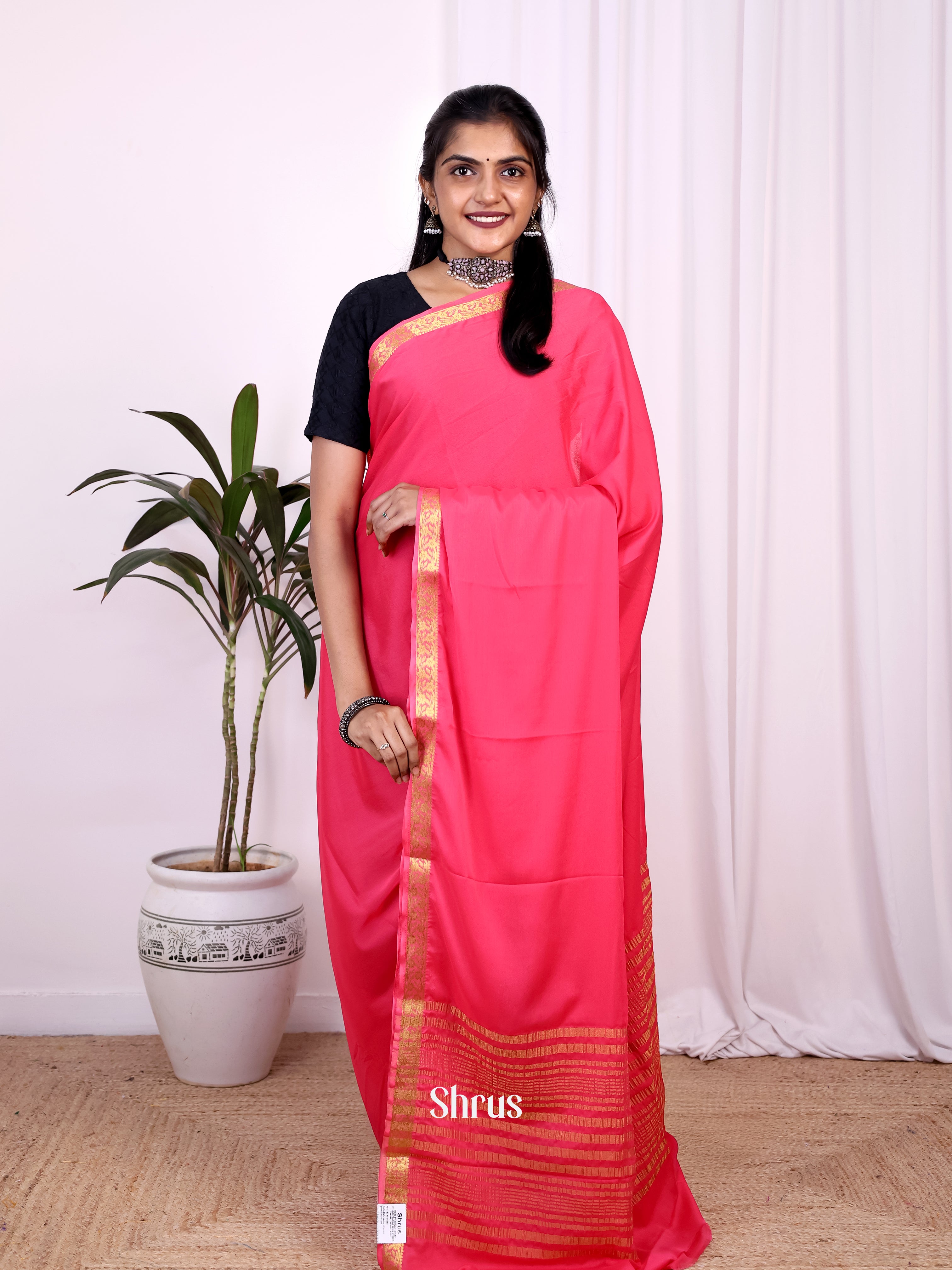 Pink - Semi Mysoresilk Saree