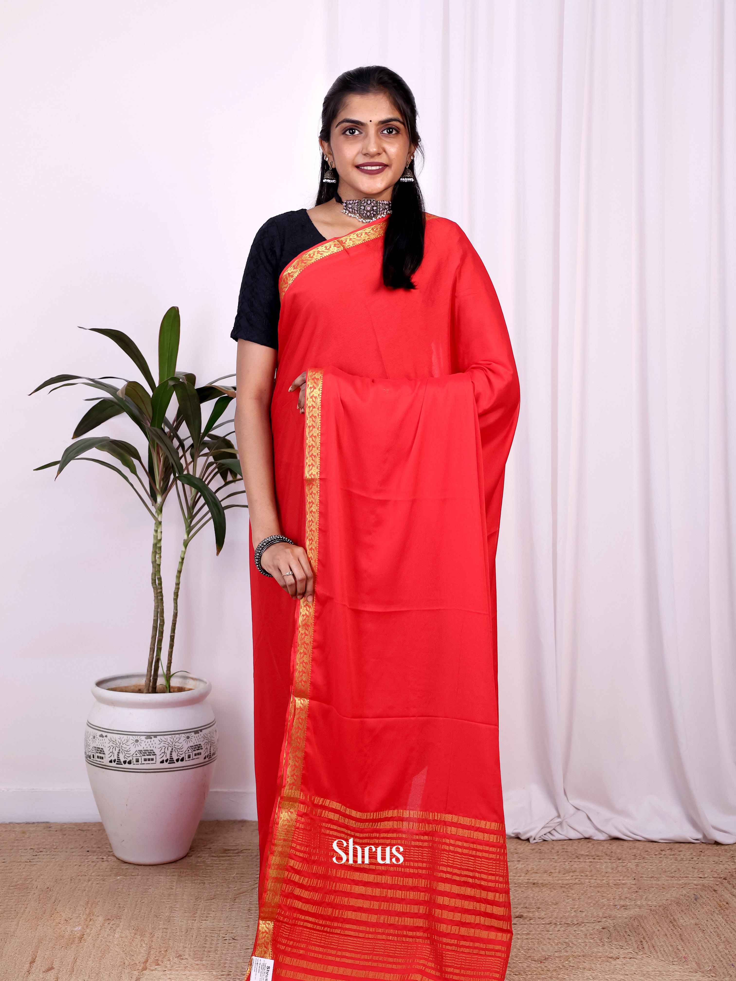 Red - Semi Mysoresilk Saree