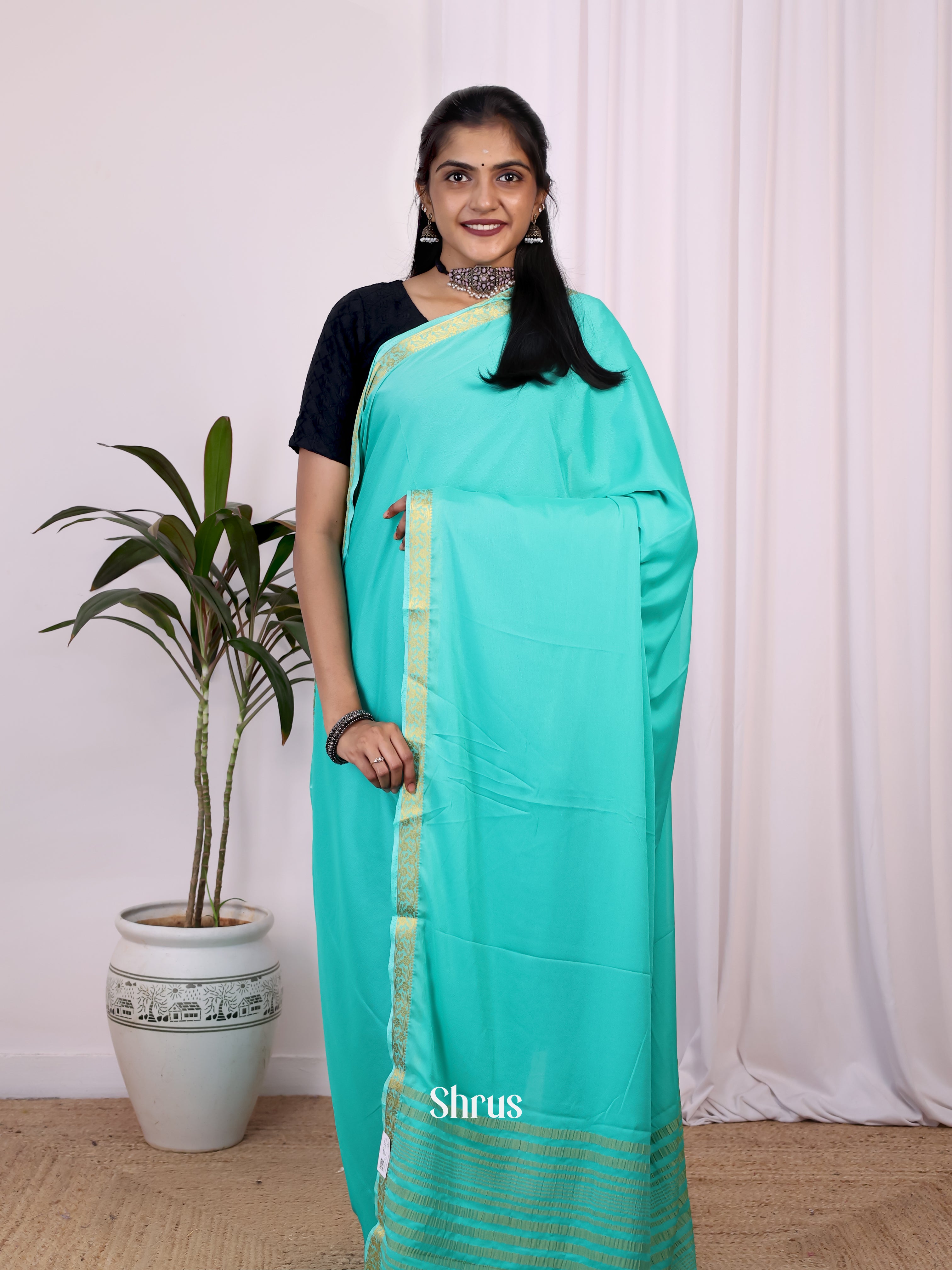 Teal - Semi Mysoresilk Saree