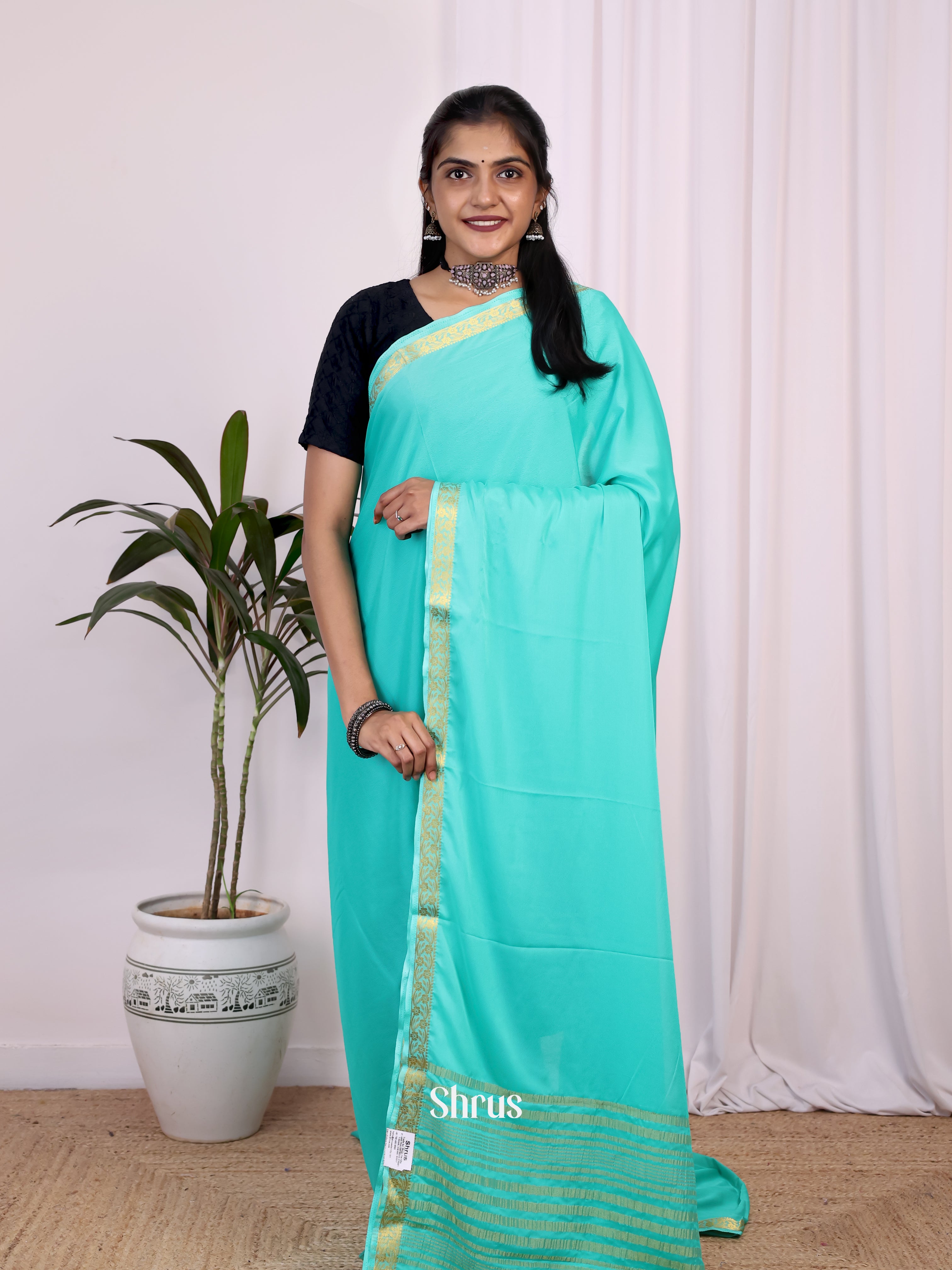 Teal - Semi Mysoresilk Saree