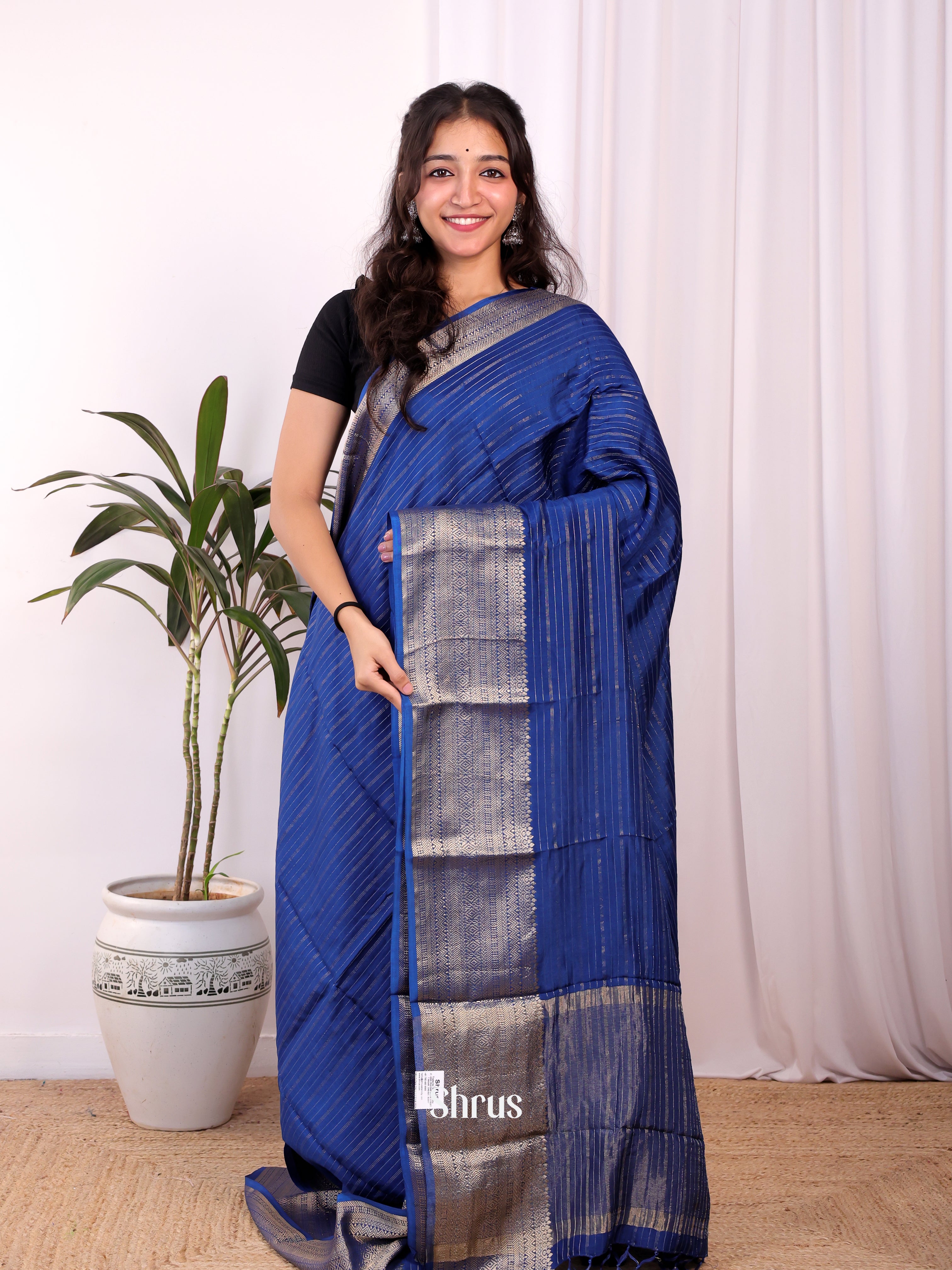 Blue & Cream  - Semi Mysoresilk Saree