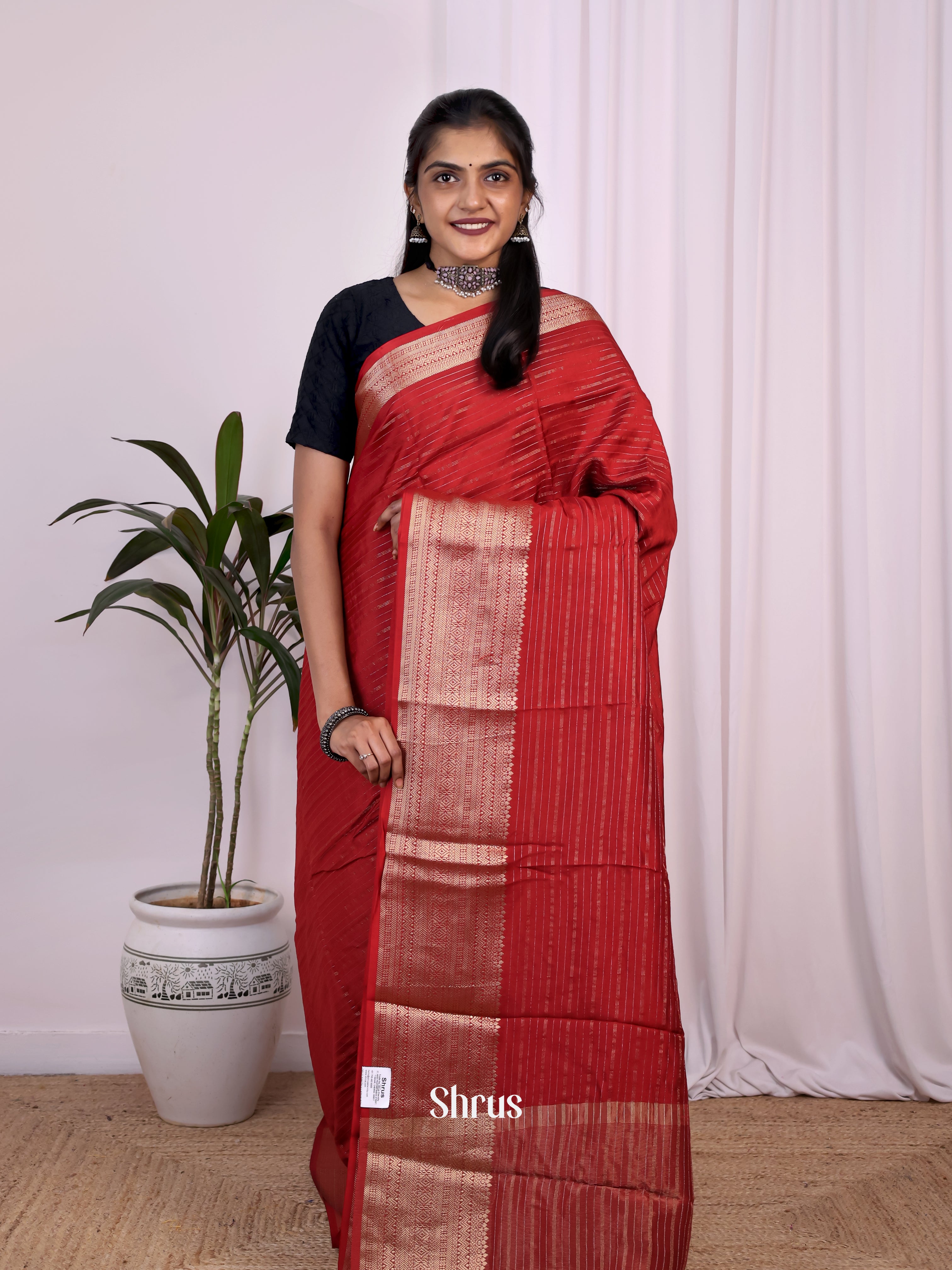 Red - Semi Mysoresilk Saree