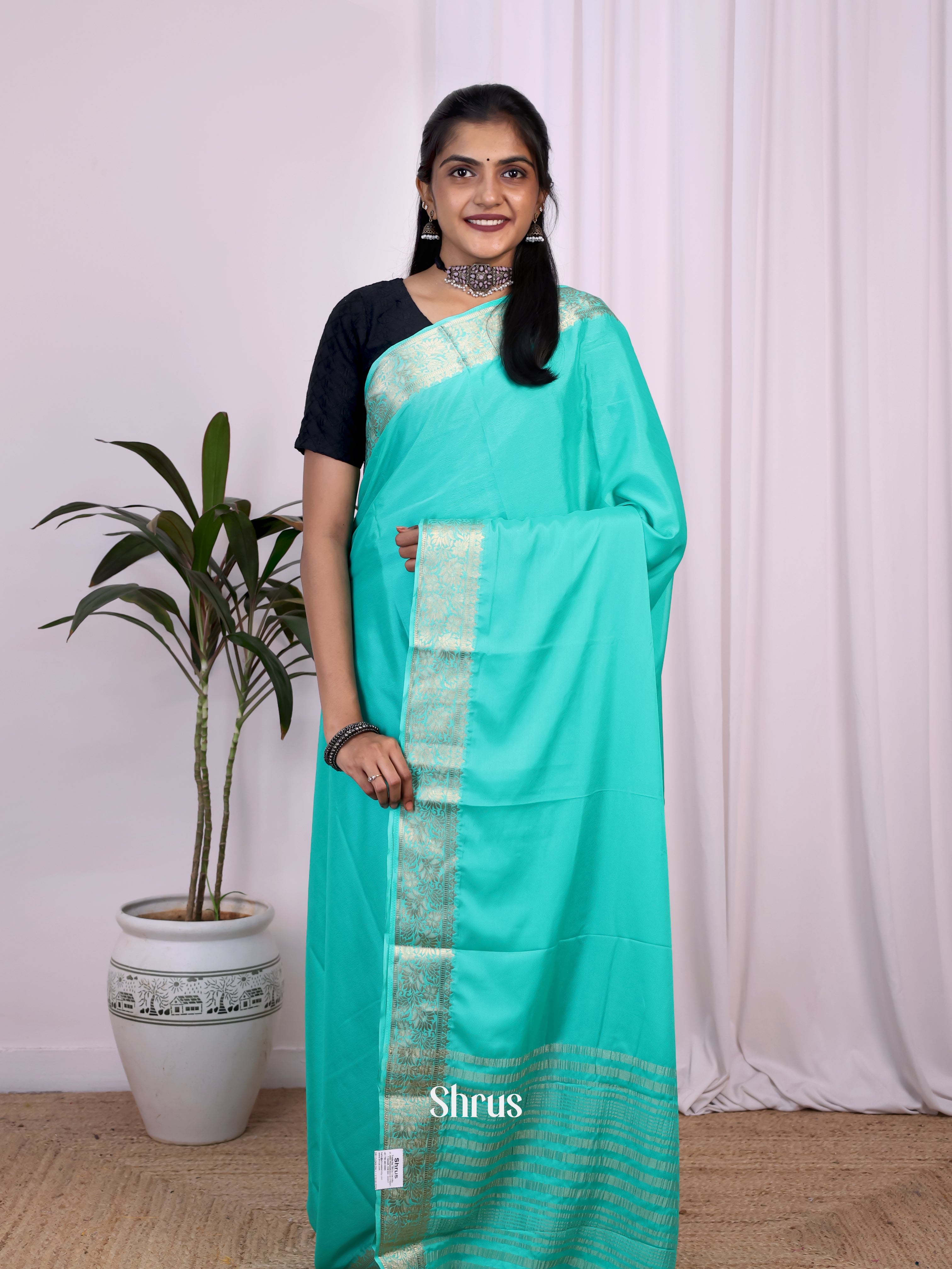 Teal  - Semi Mysoresilk Saree