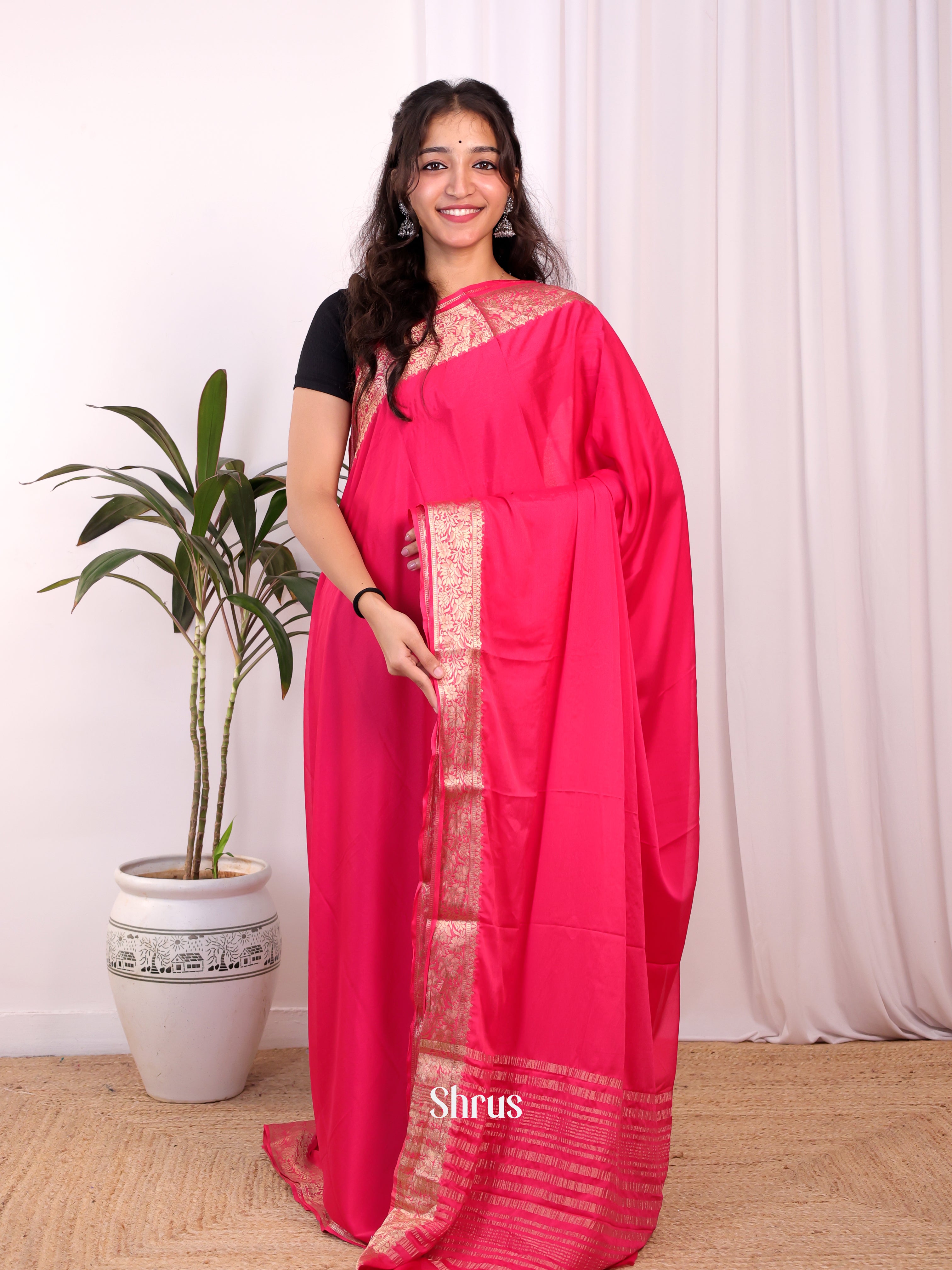 Pink - Semi Mysoresilk Saree