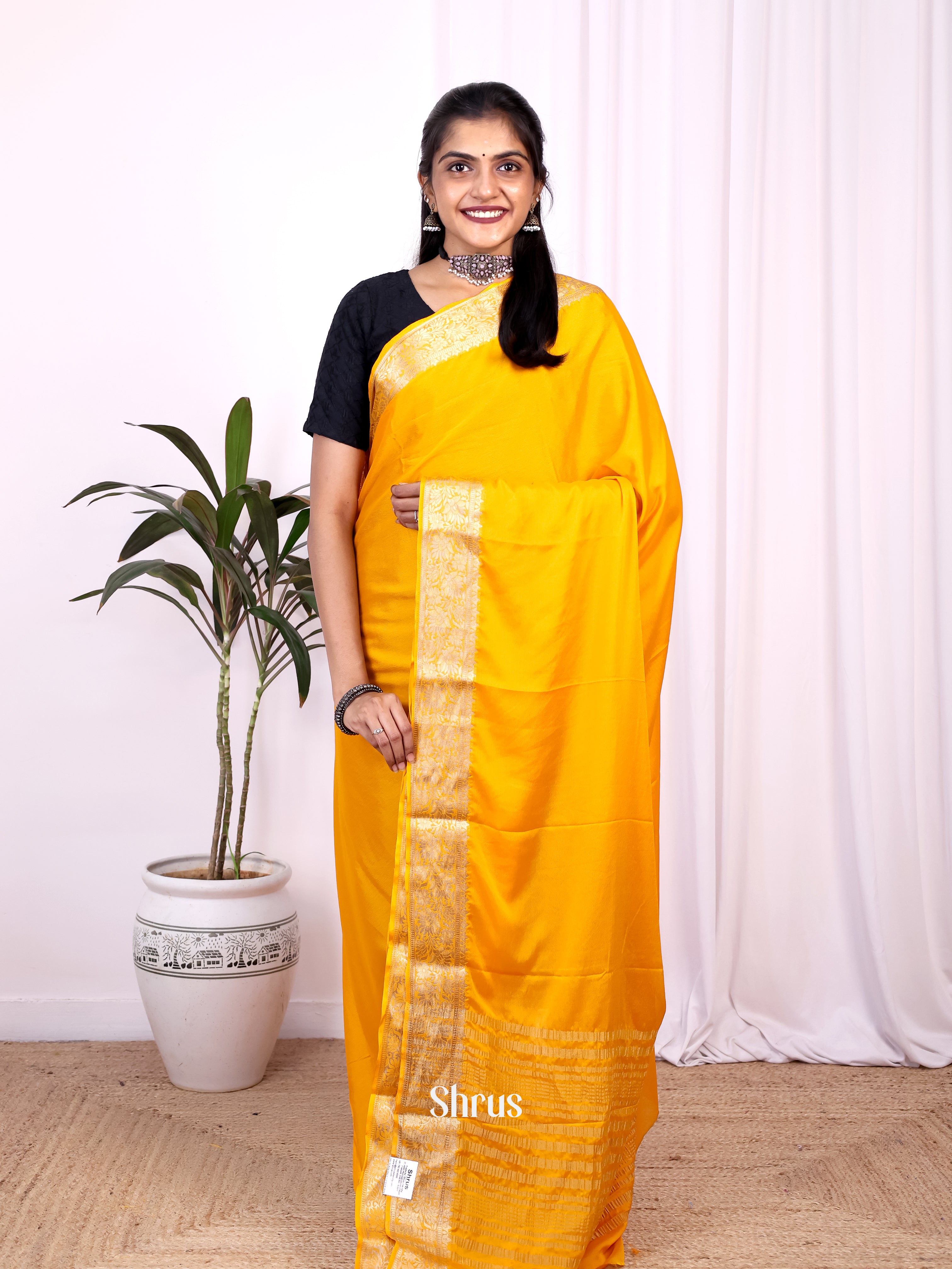 Yellow - Semi Mysoresilk Saree