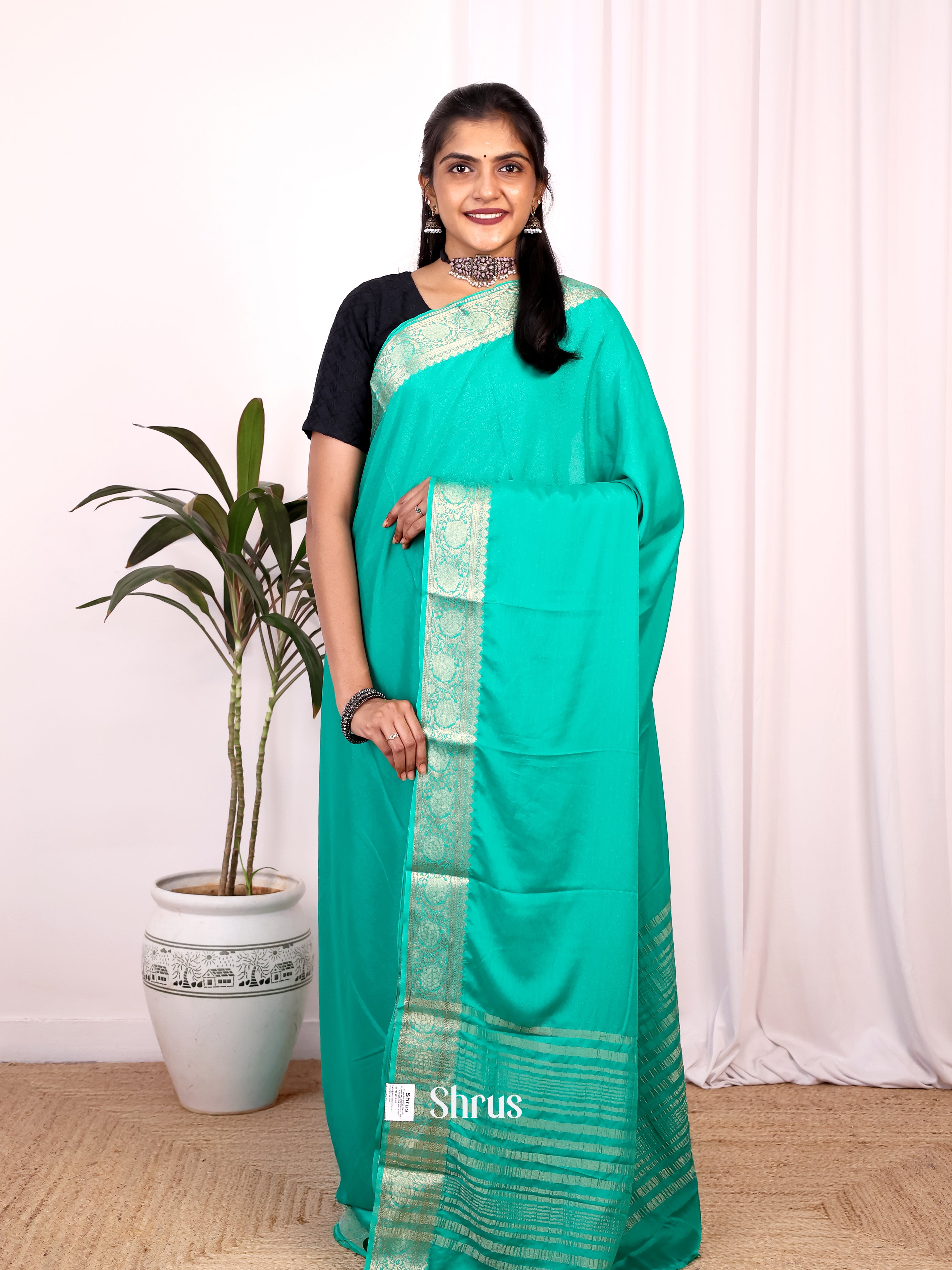 Teal Green - Semi Mysoresilk Saree