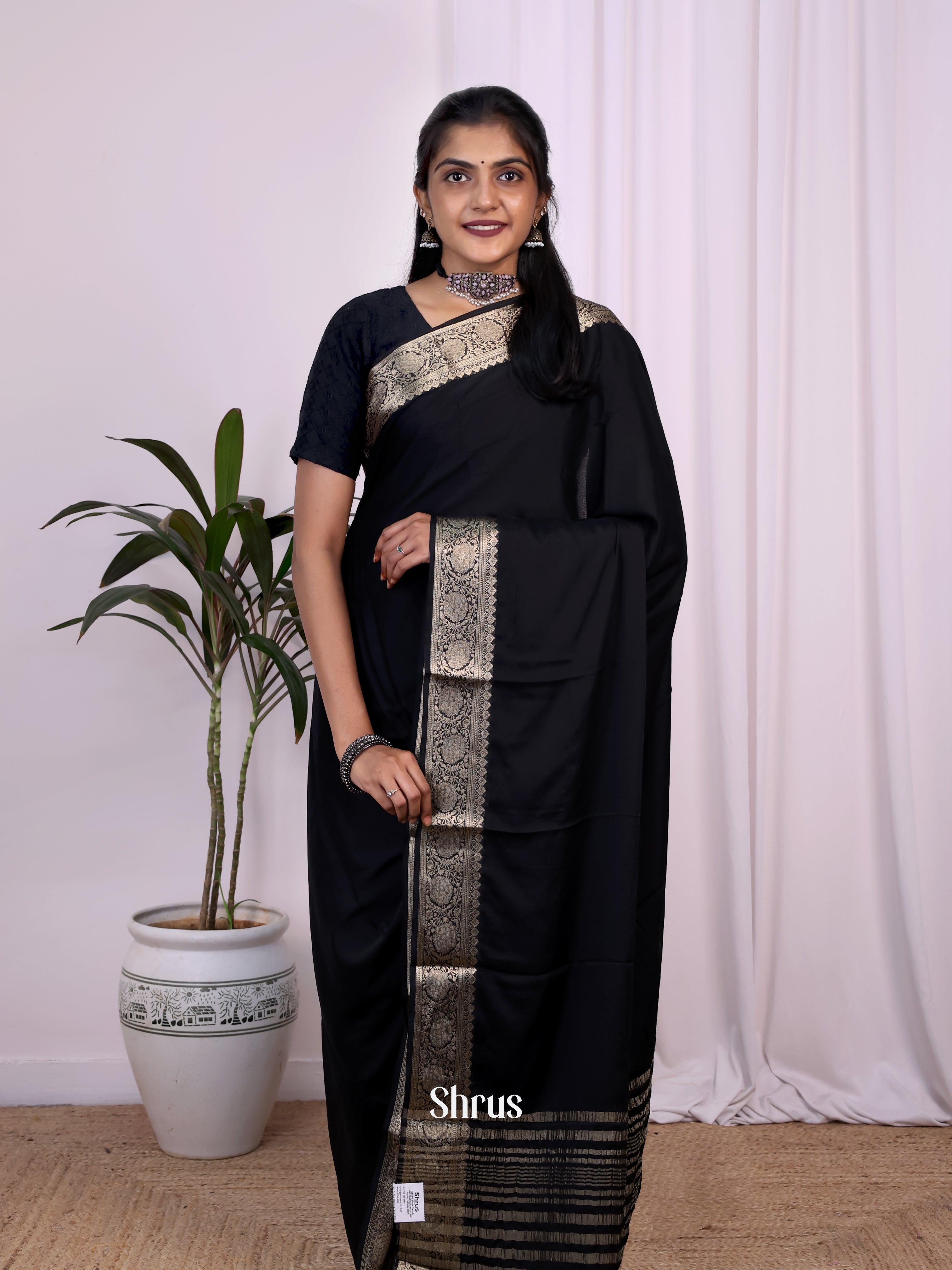 Black - Semi Mysoresilk Saree