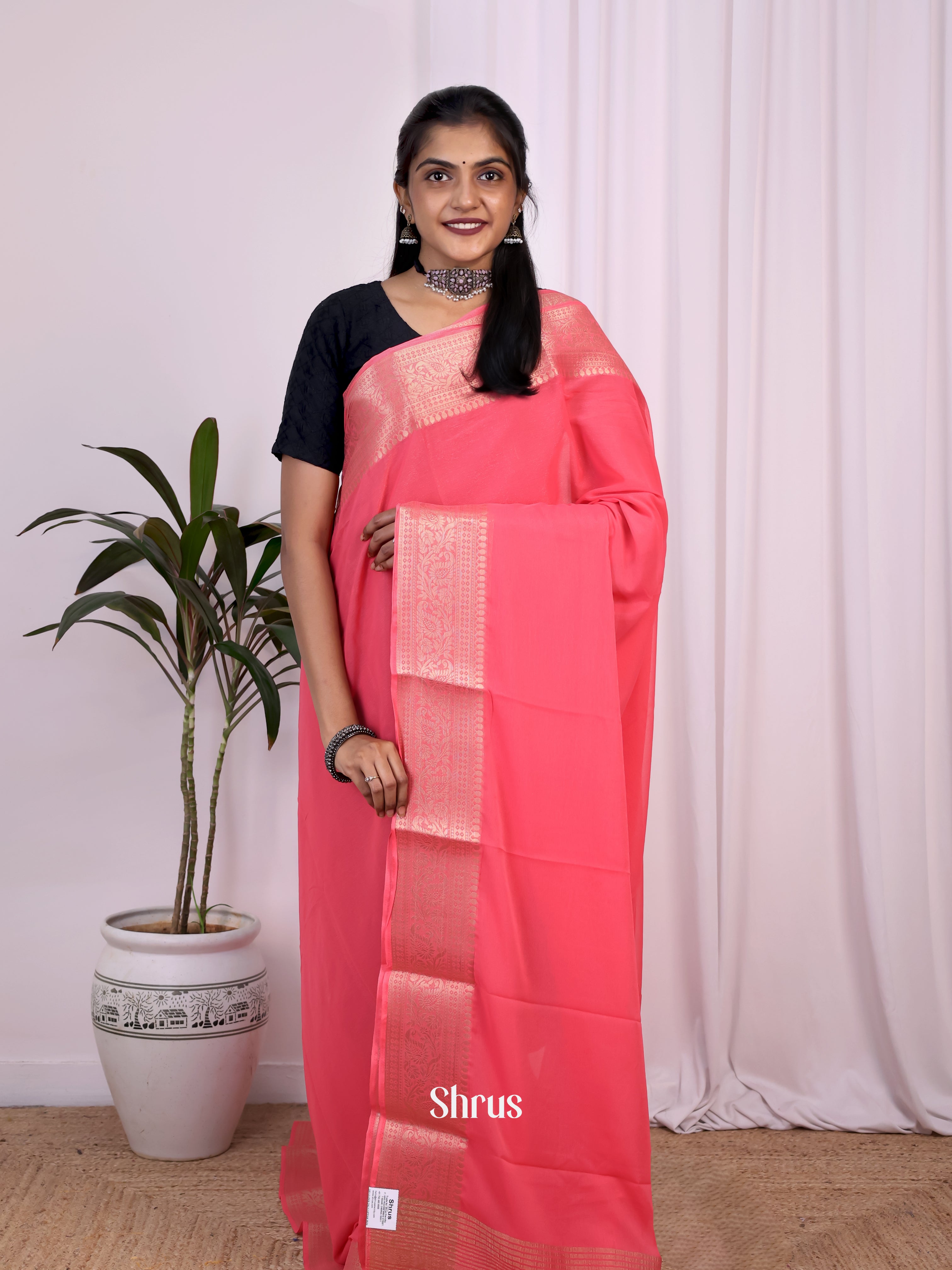 Pink - Semi Mysoresilk Saree