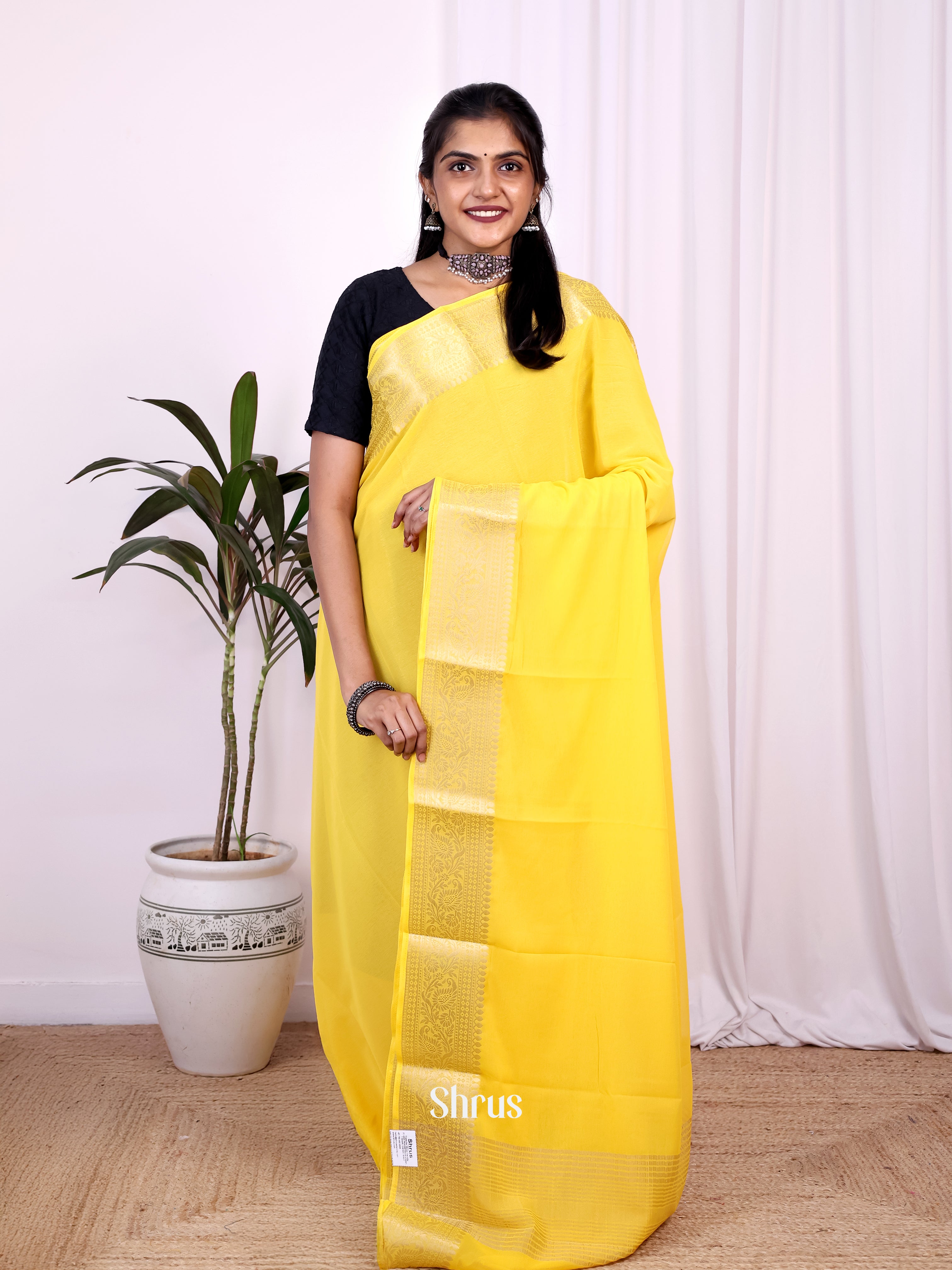 Yellow - Semi Mysoresilk Saree