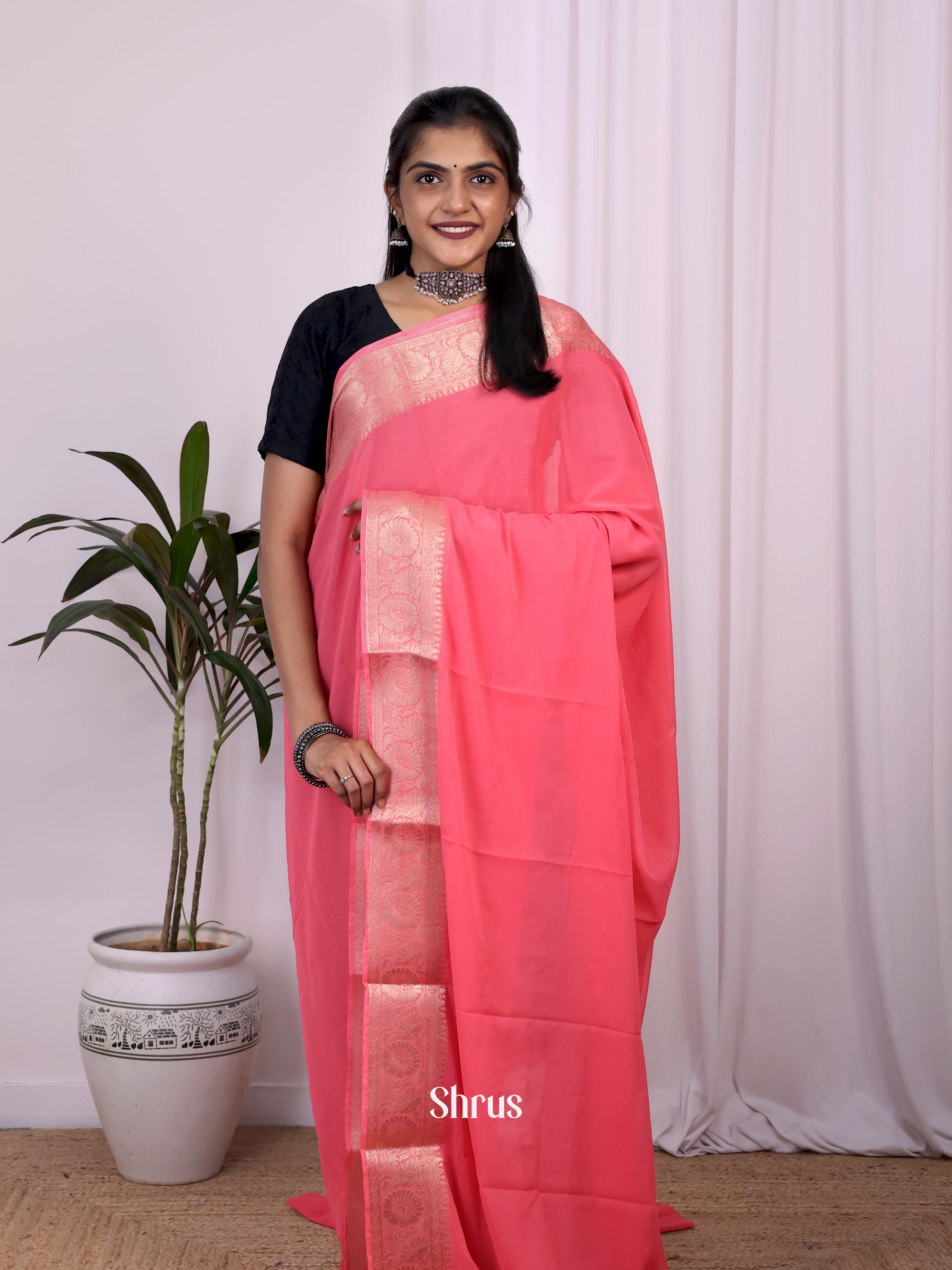 Pink - Semi Mysoresilk Saree