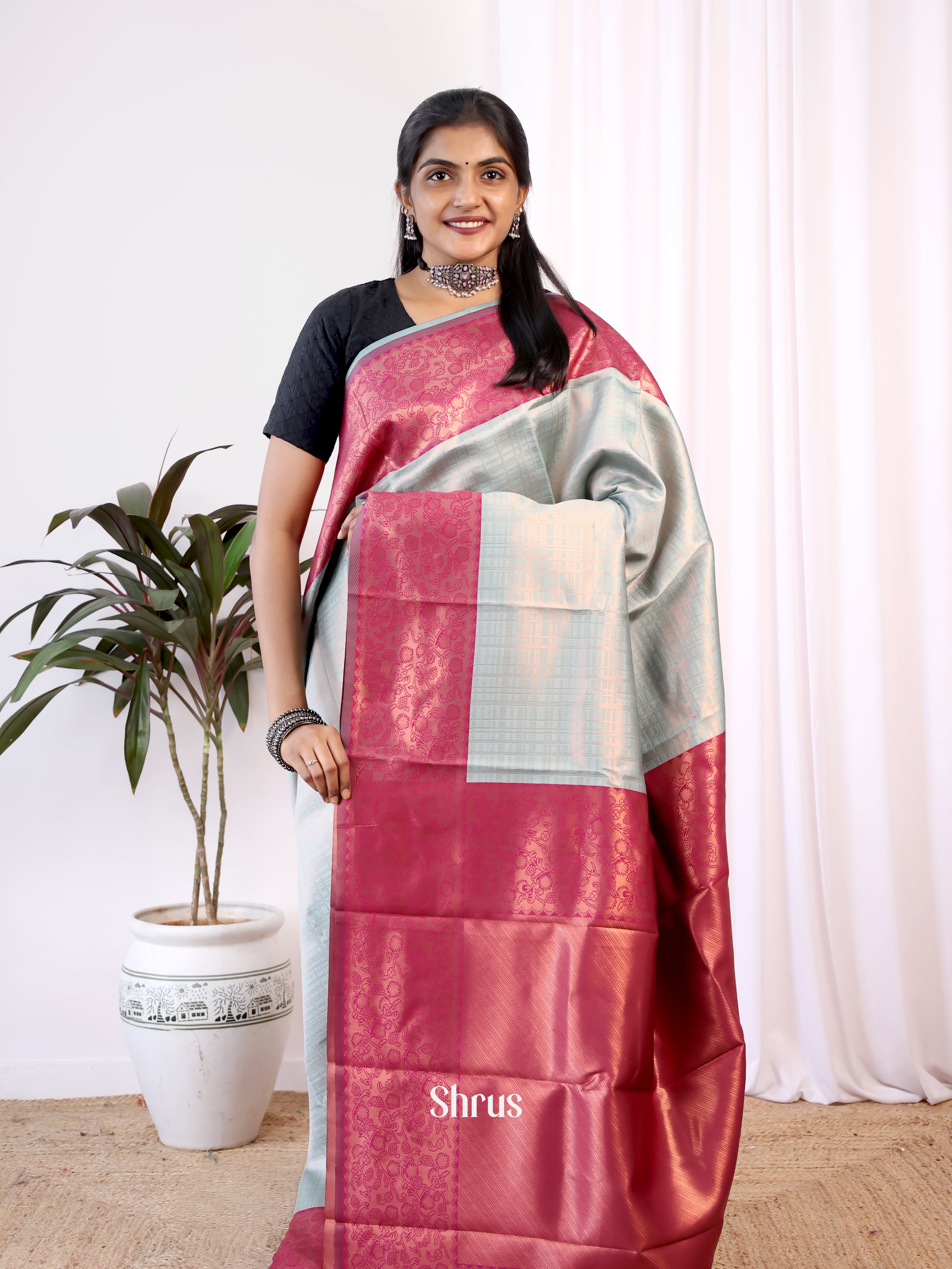 Pastel Blue & Maroon - Semi Arani Silk Saree