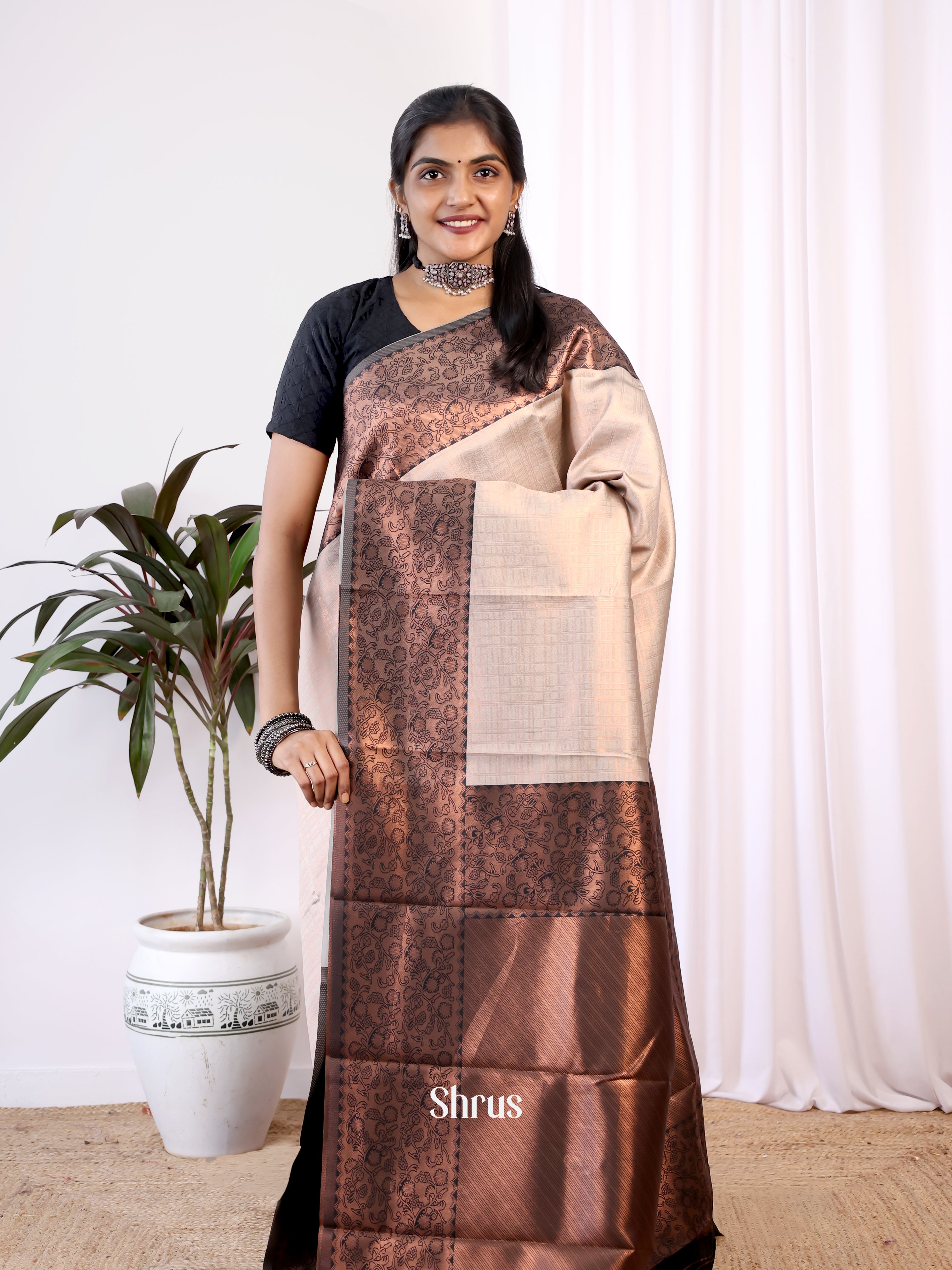 Cream & Grey - Semi Arani Silk Saree