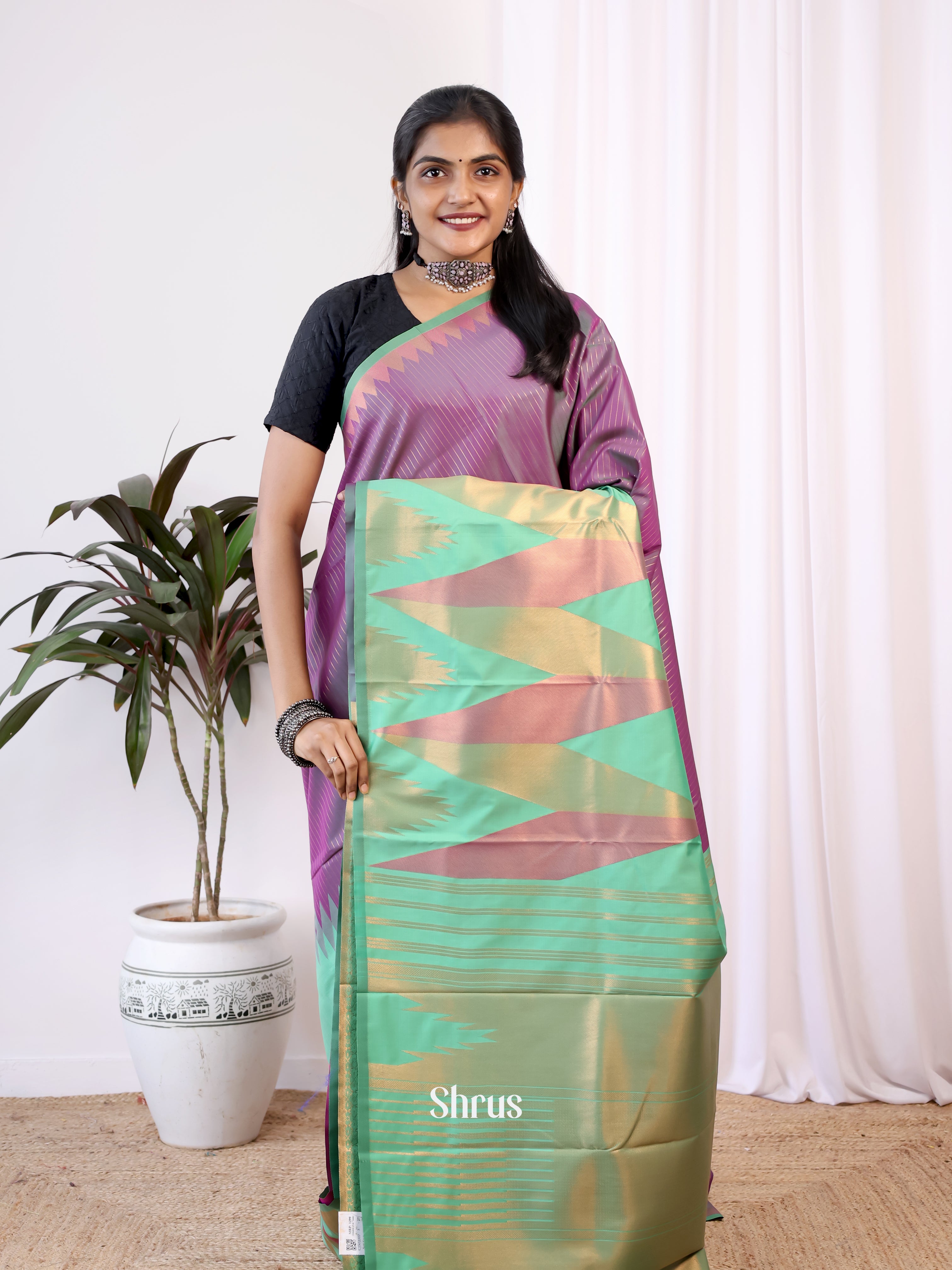 Purple & Green - Semi Kanchipuram Saree