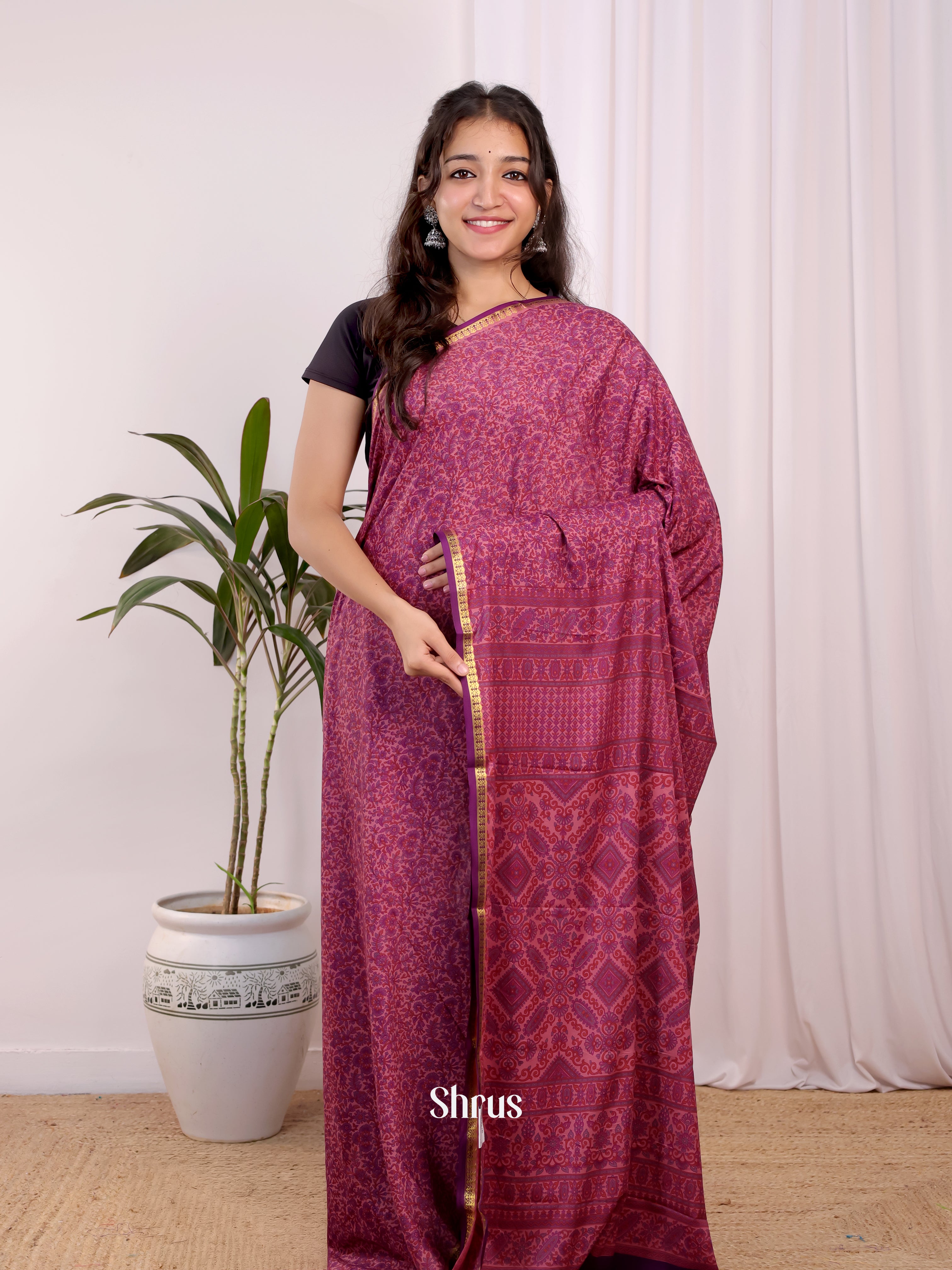 Purple - Semi Mysoresilk Saree