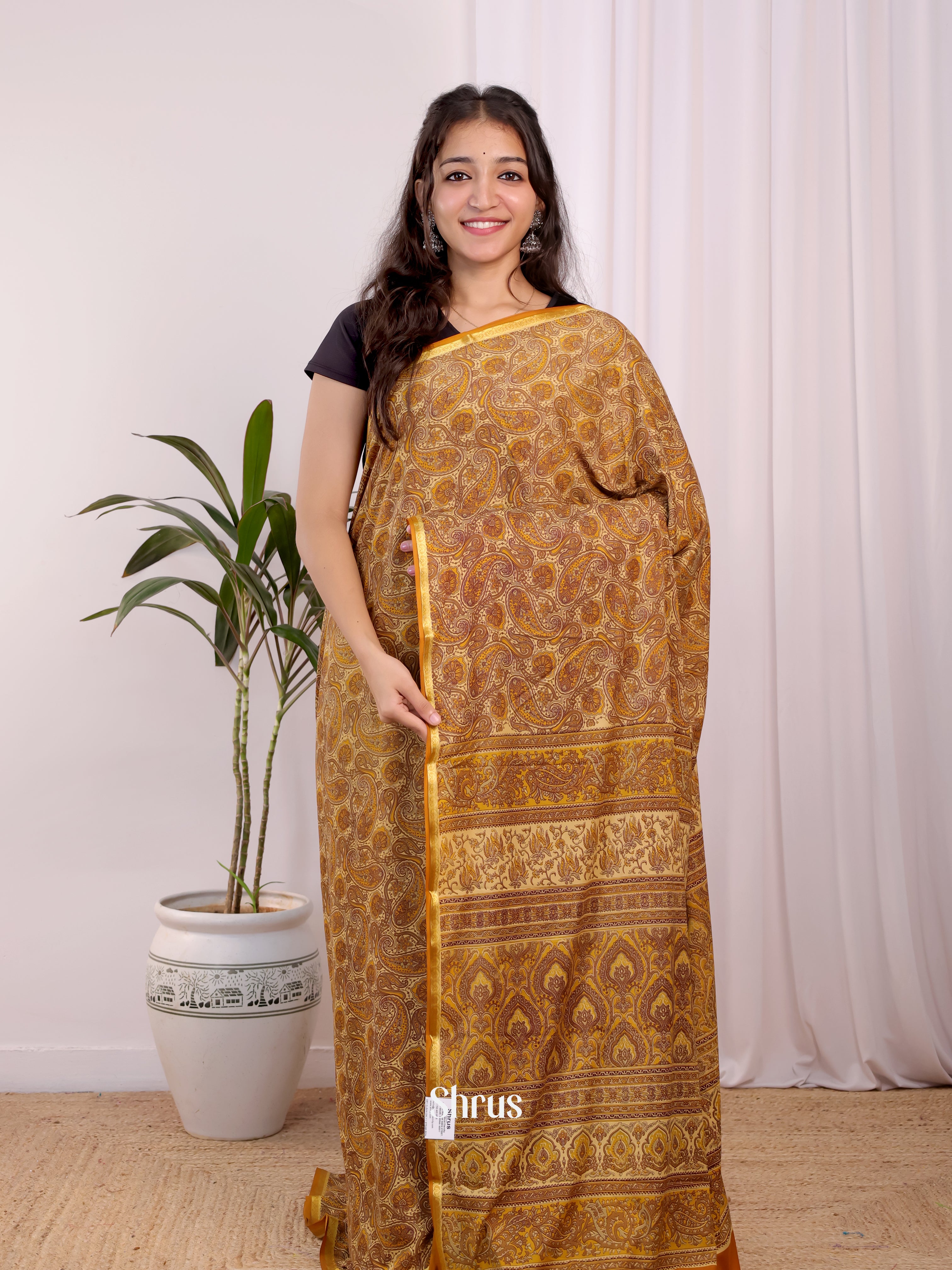 Beige - Semi Mysoresilk Saree