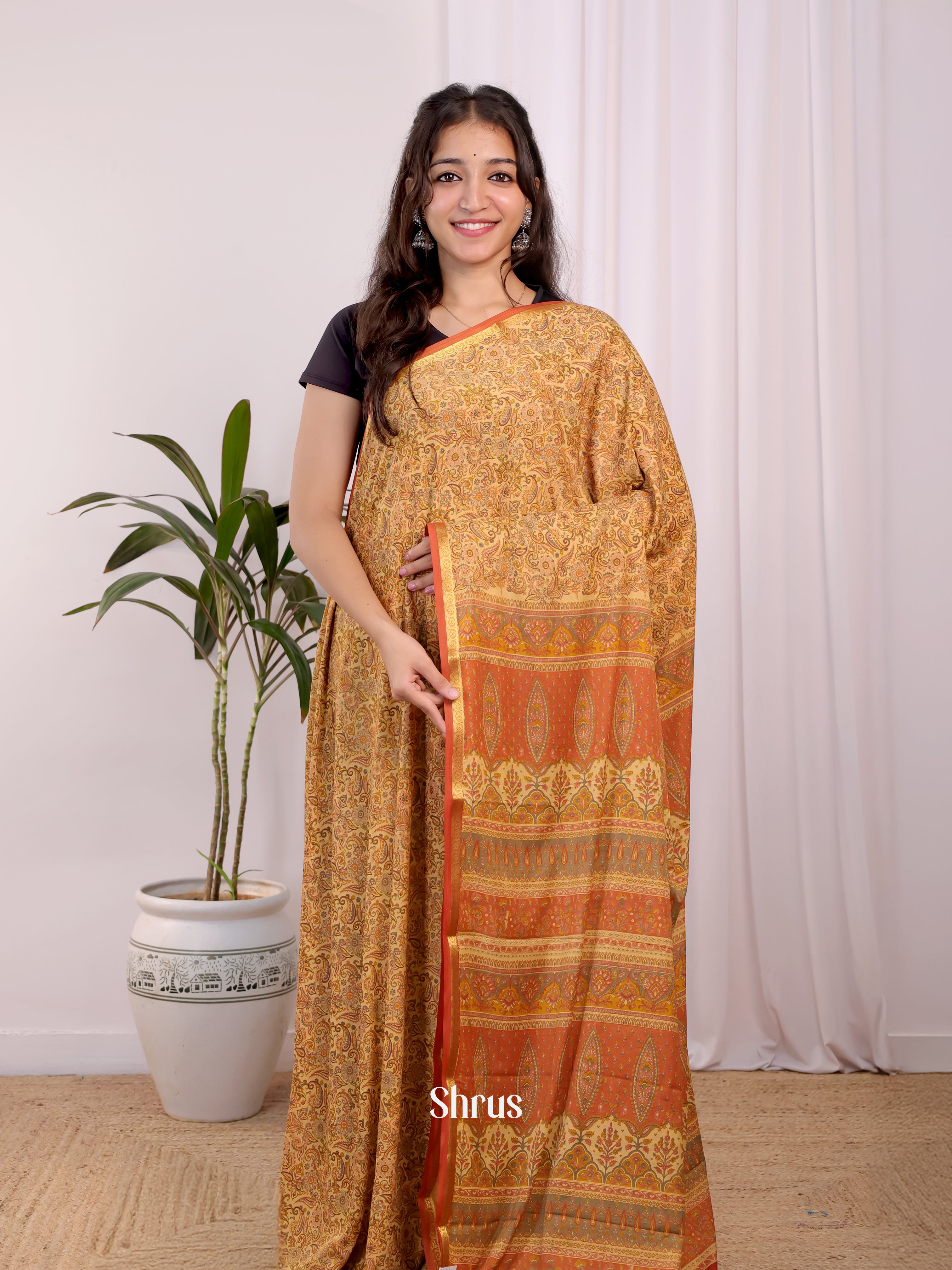 Beige - Semi Mysoresilk Saree