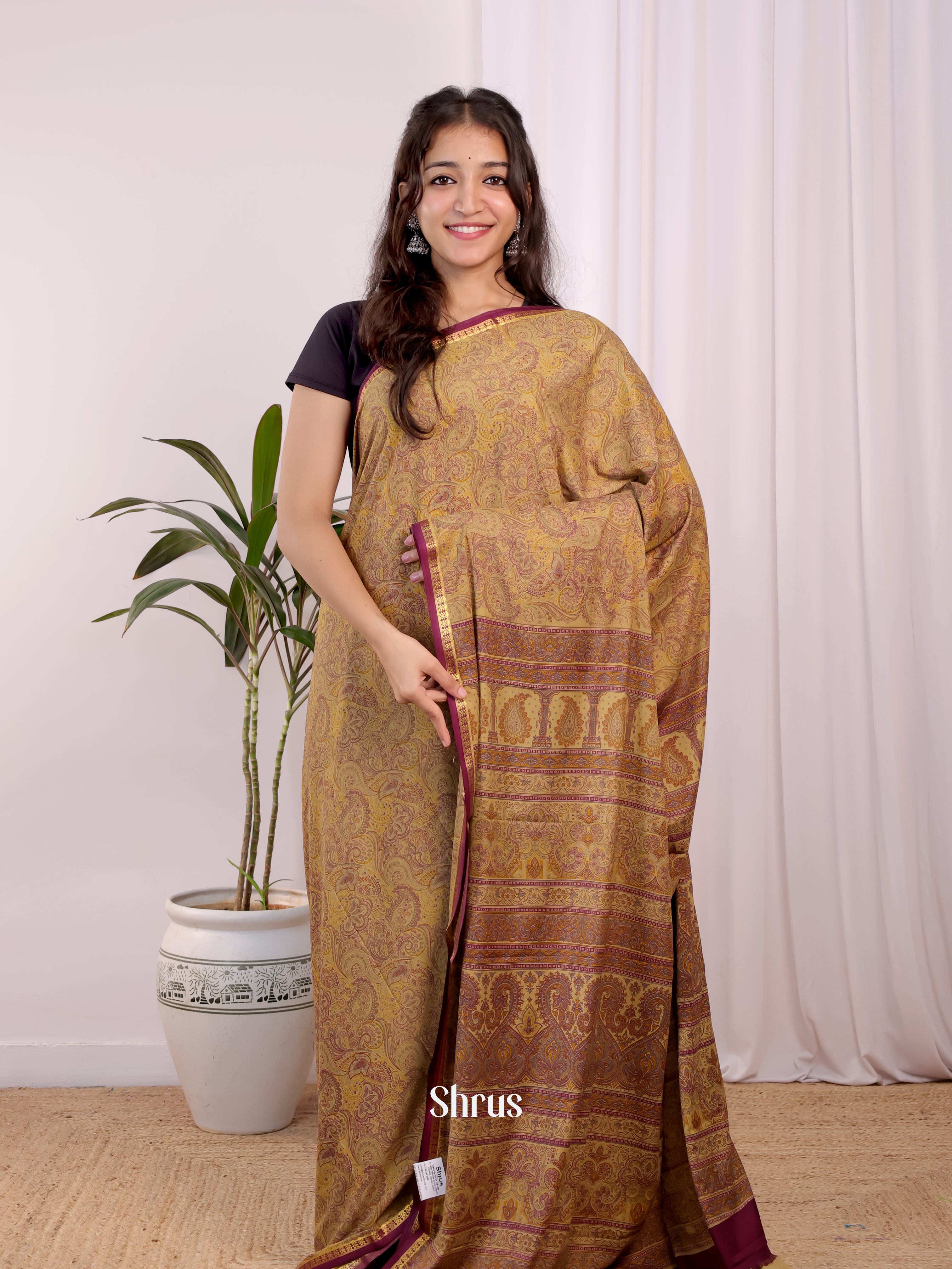 Beige - Semi Mysoresilk Saree