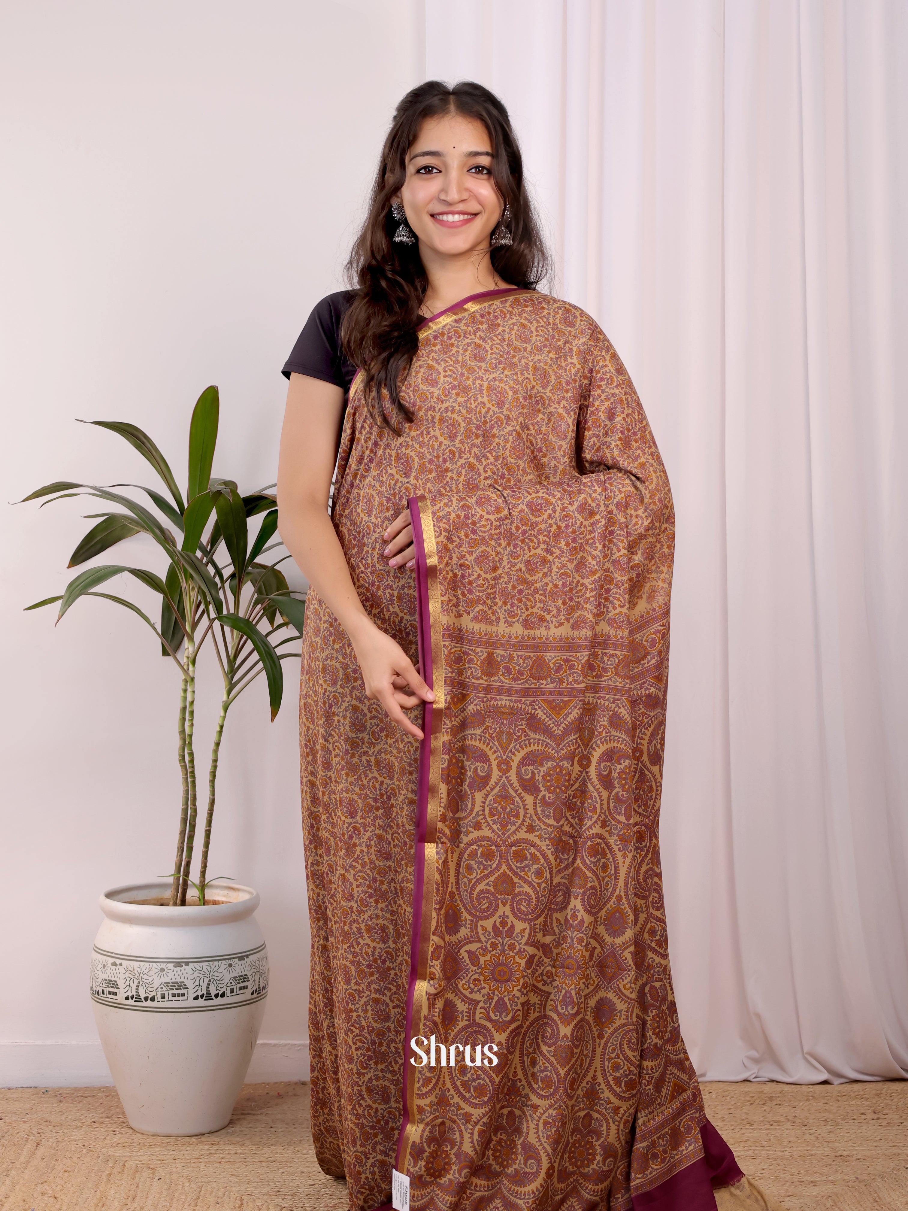 Beige & Maroon - Semi Mysoresilk Saree