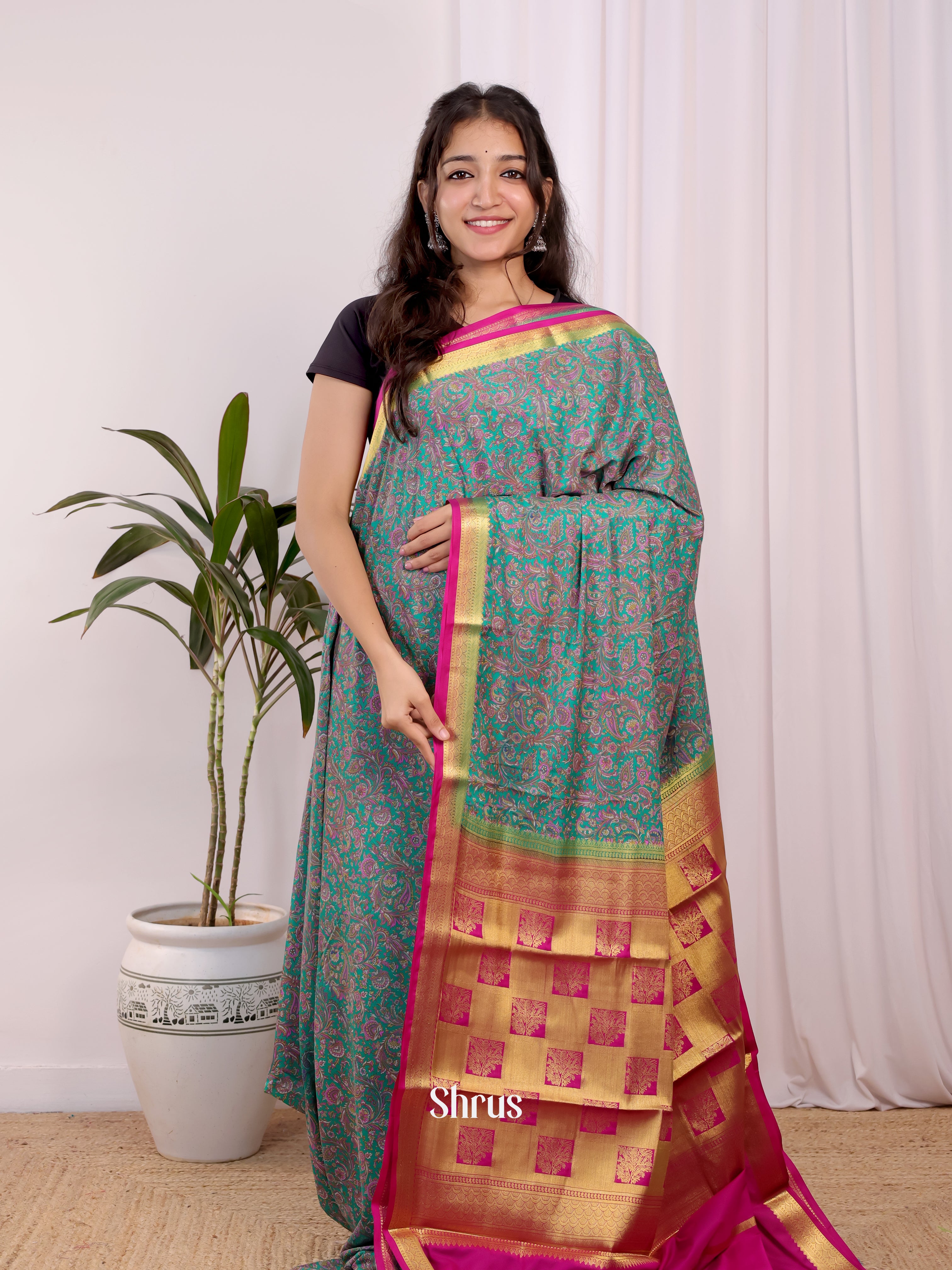 Green & Pink - Semi Mysoresilk Saree