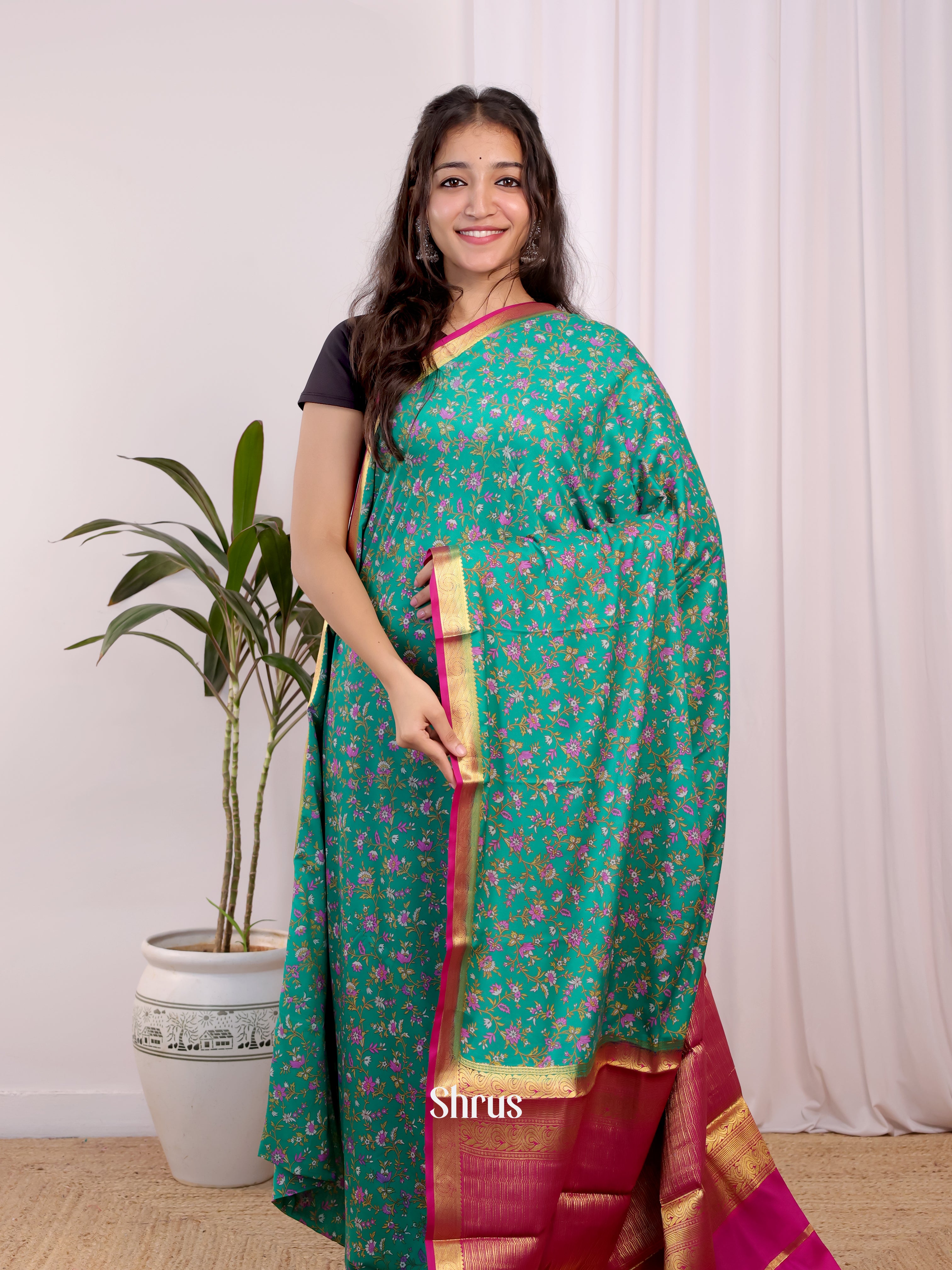 Green & Pink - Semi Mysoresilk Saree