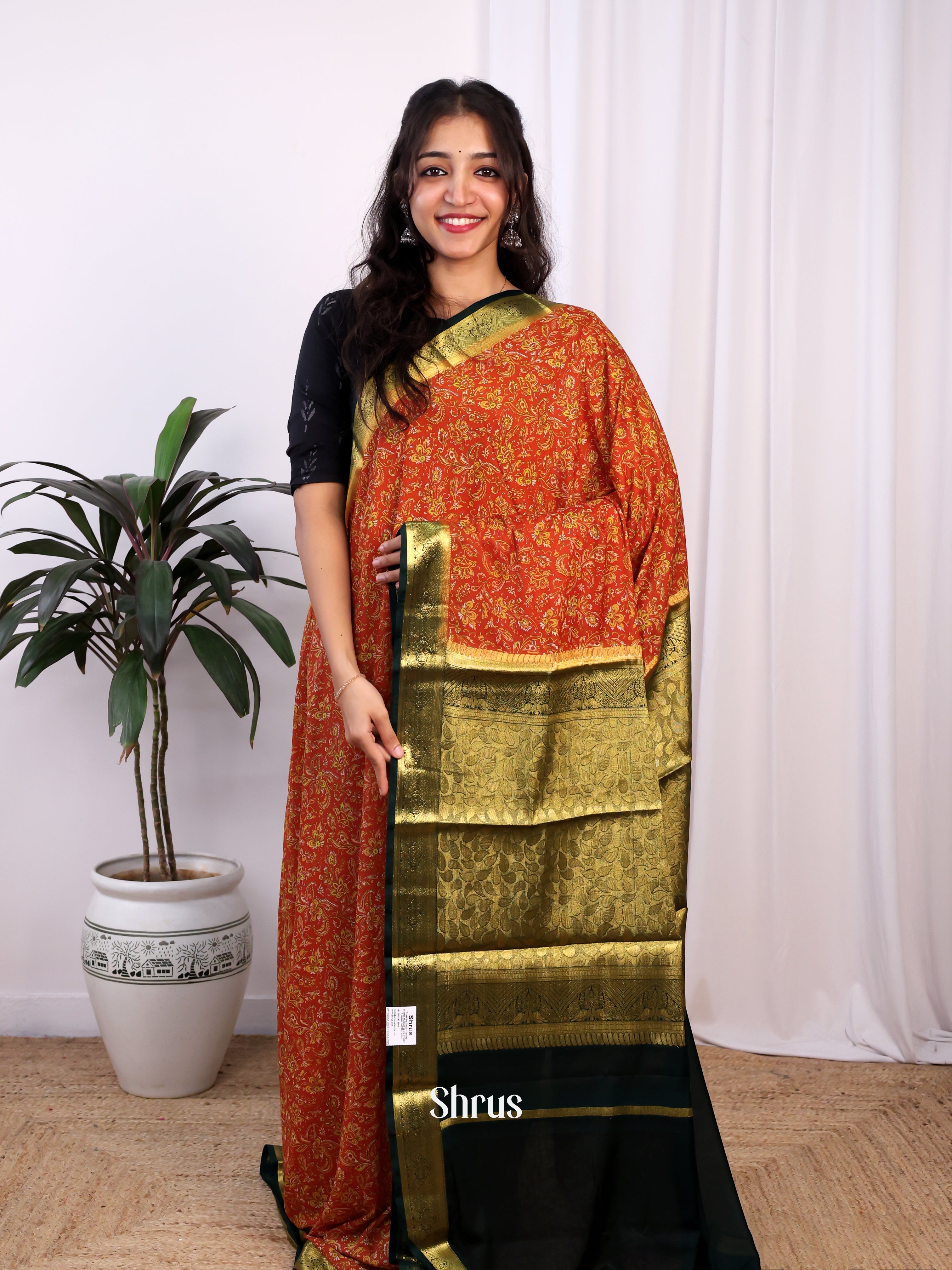 Brick  & Green - Semi Mysoresilk Saree