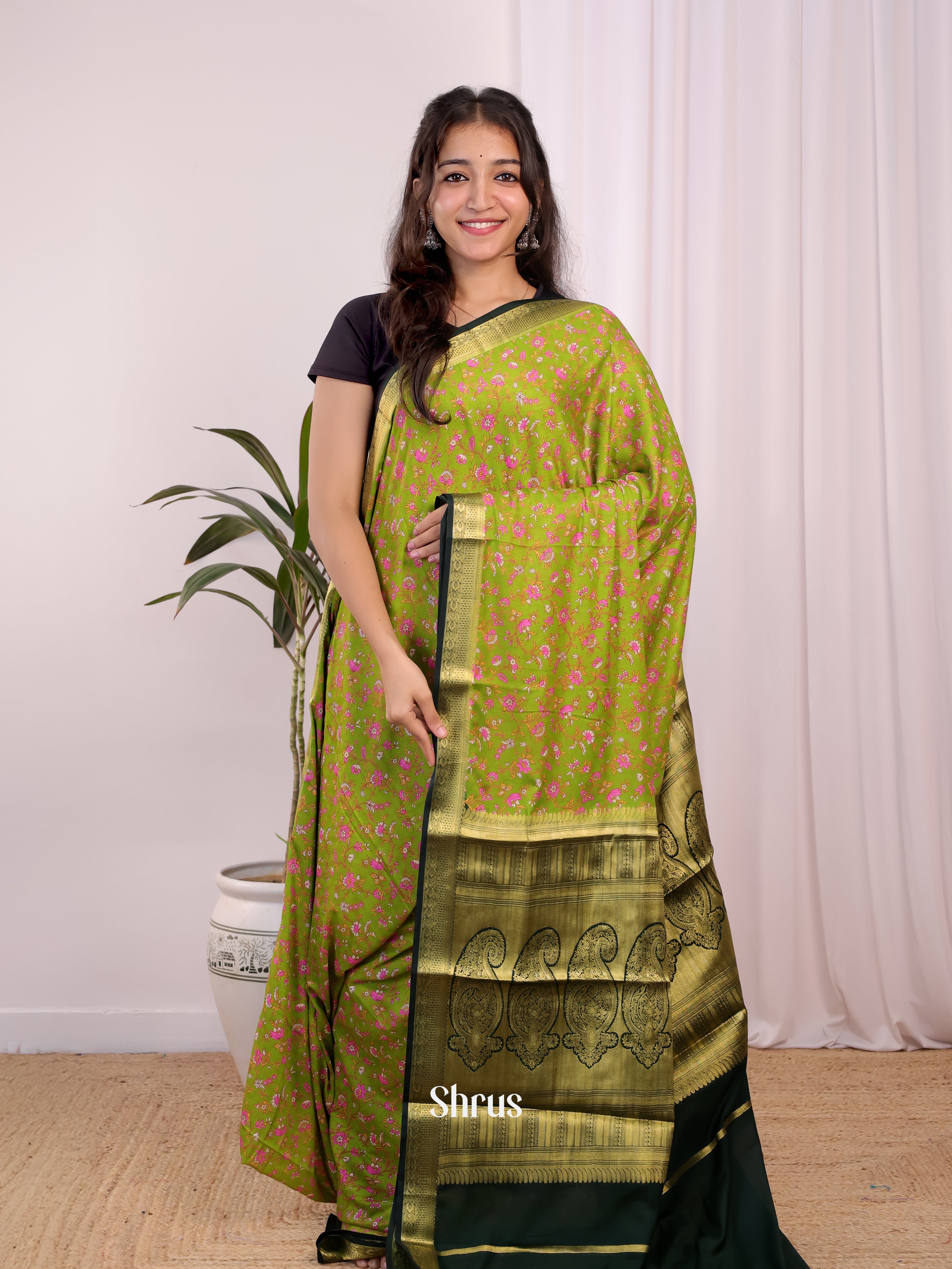 Lite Green & Green - Semi Mysoresilk Saree