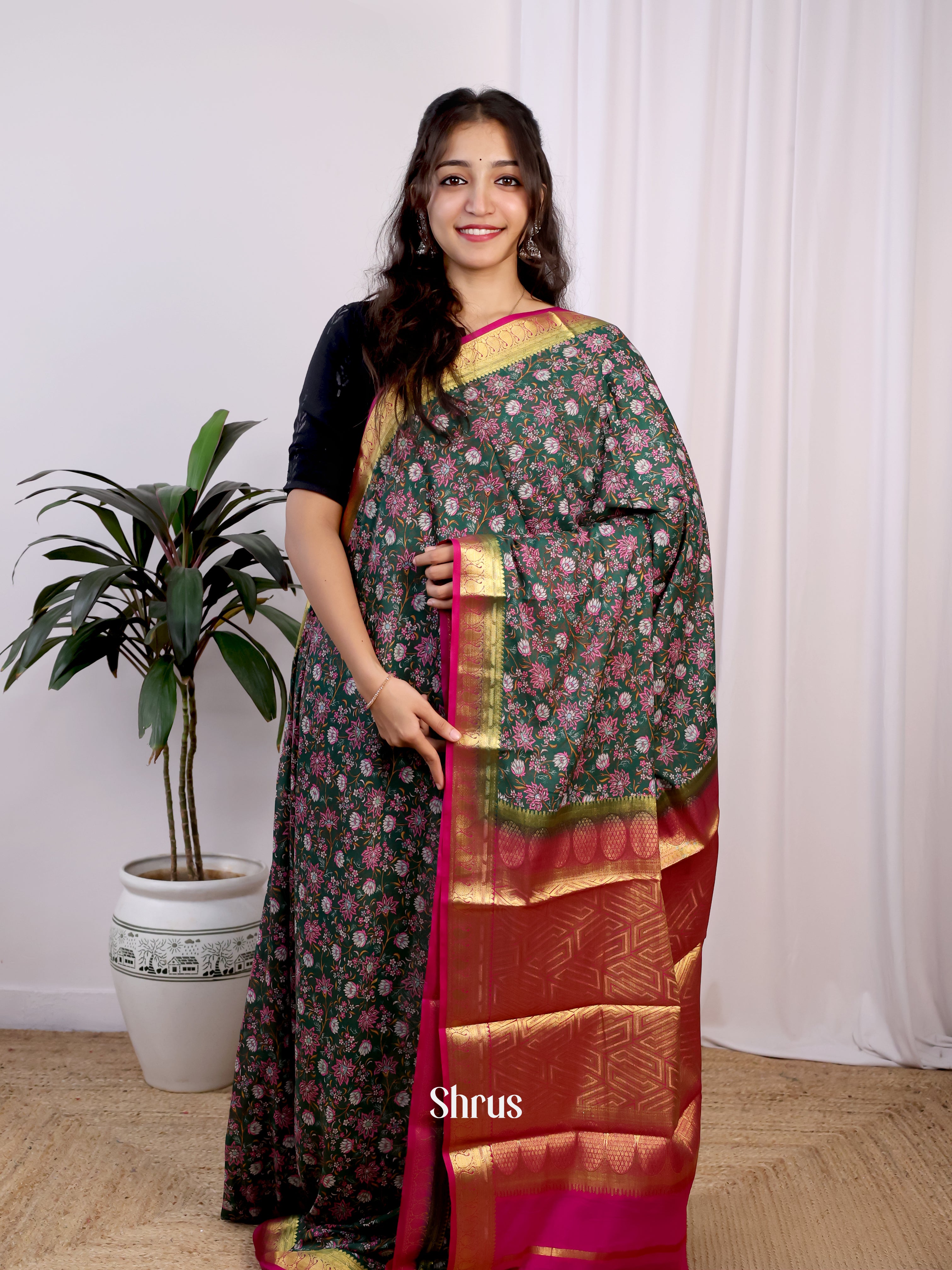 Green  & Pink - Semi Mysoresilk Saree