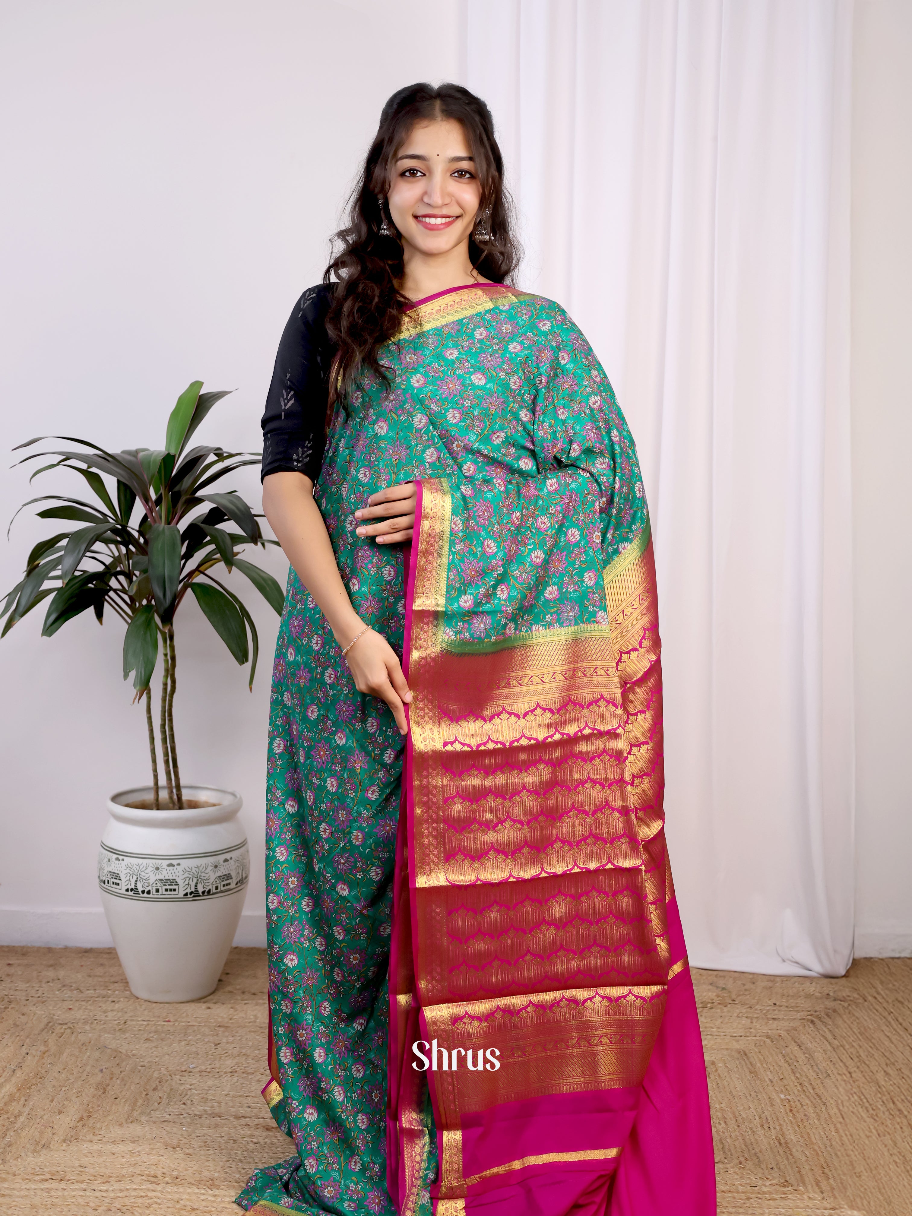 Green  & Pink - Semi Mysoresilk Saree