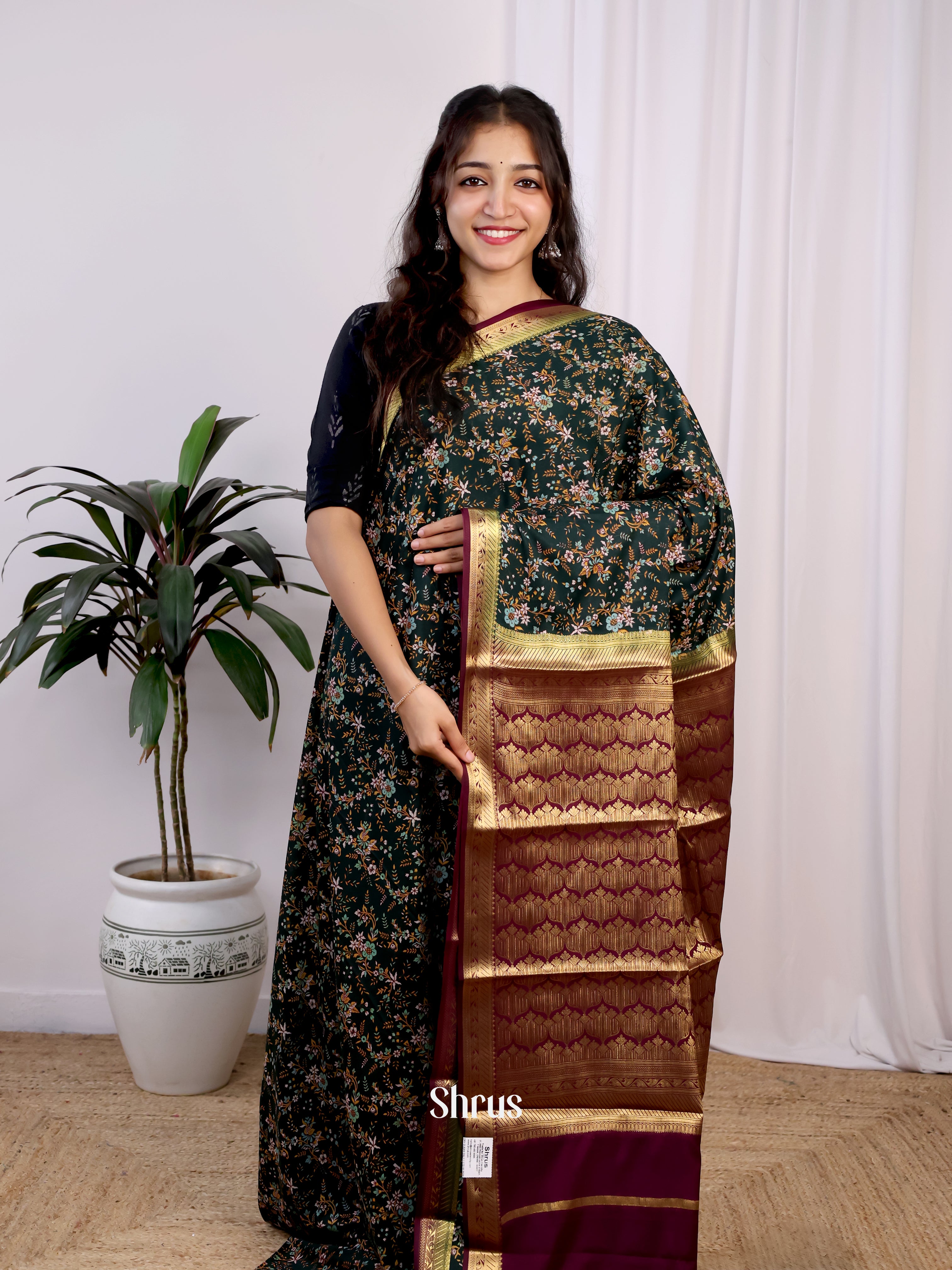 Green & Maroon - Semi Mysoresilk Saree