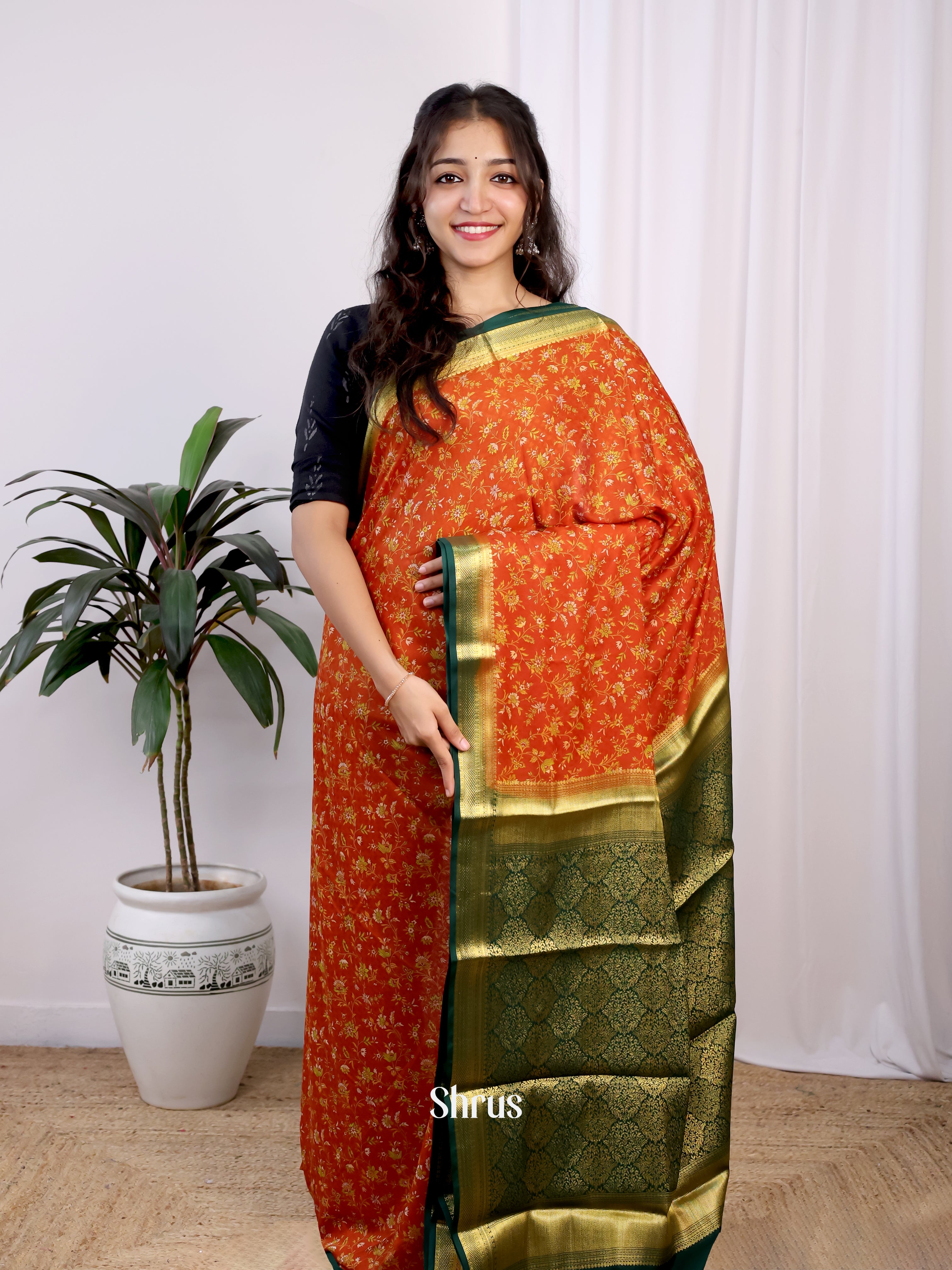 Orange  & Green - Semi Mysoresilk Saree