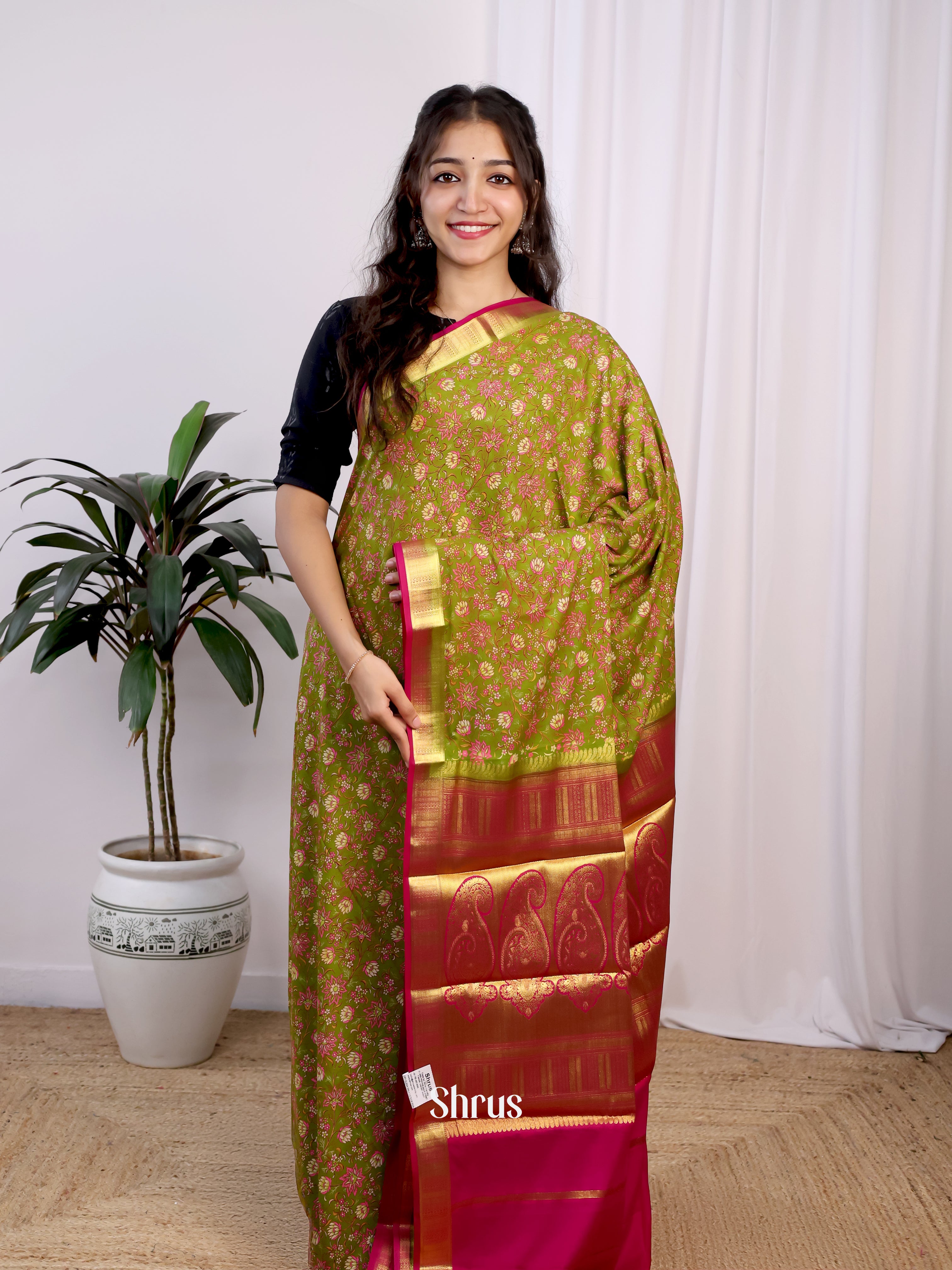Green & Pink- Semi Mysoresilk Saree - Shop on Shrus.com