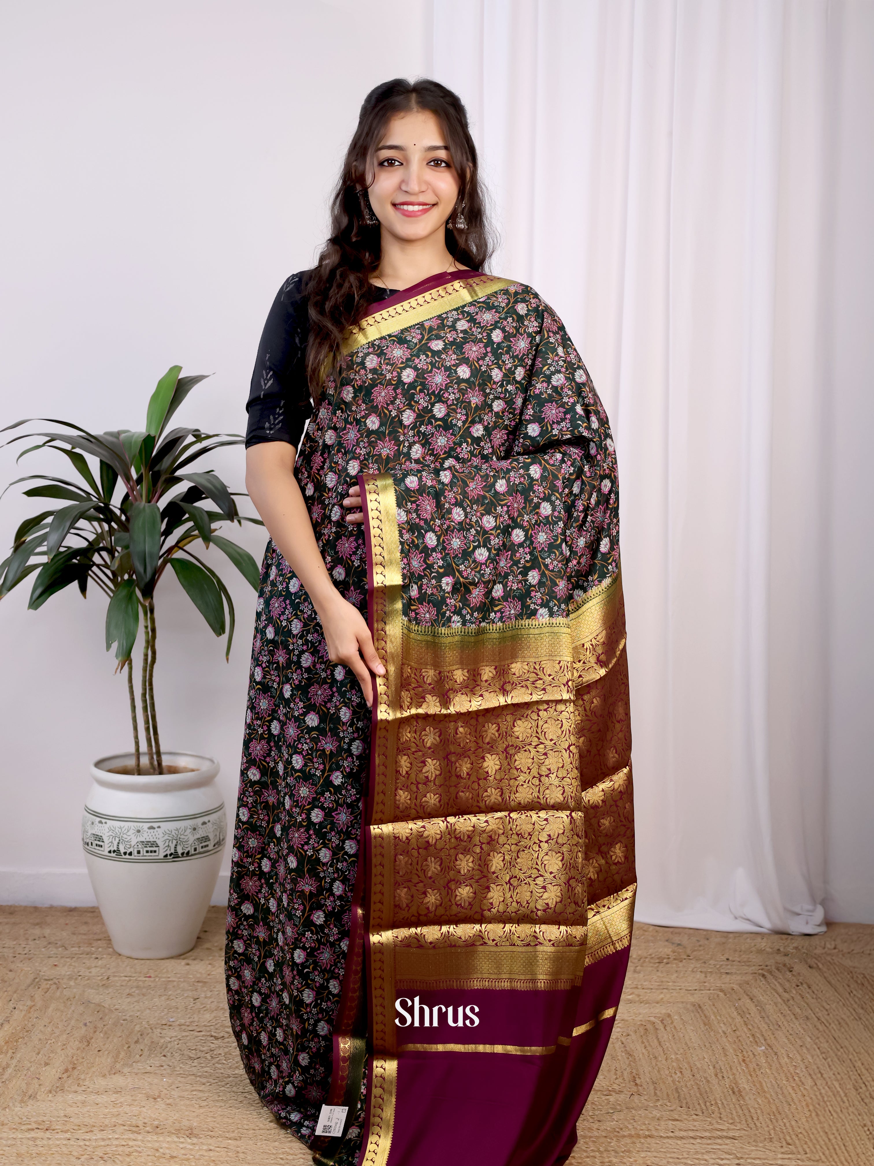 Black & Purple - Semi Mysoresilk Saree