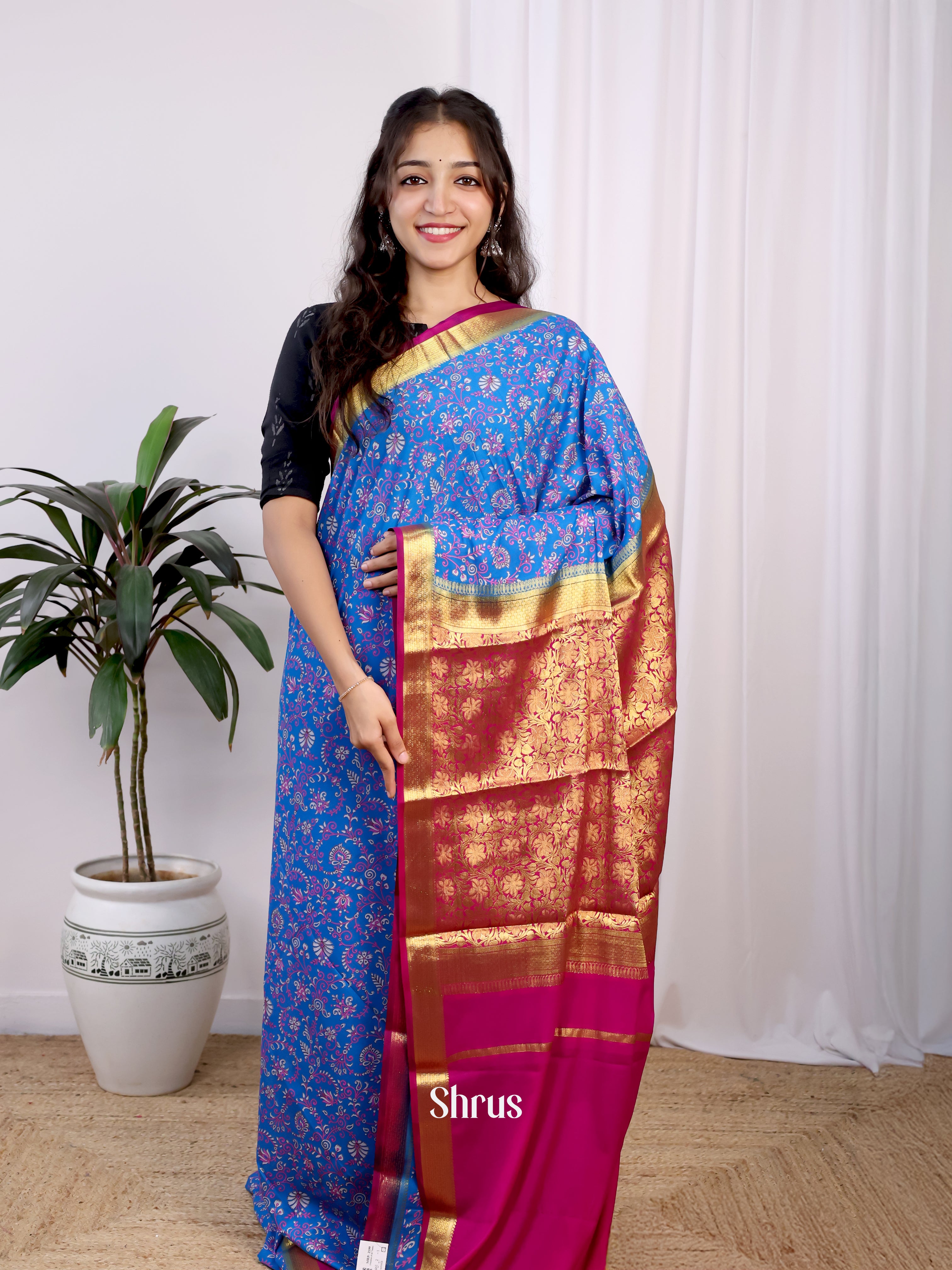 Blue & Pink - Semi Mysoresilk Saree