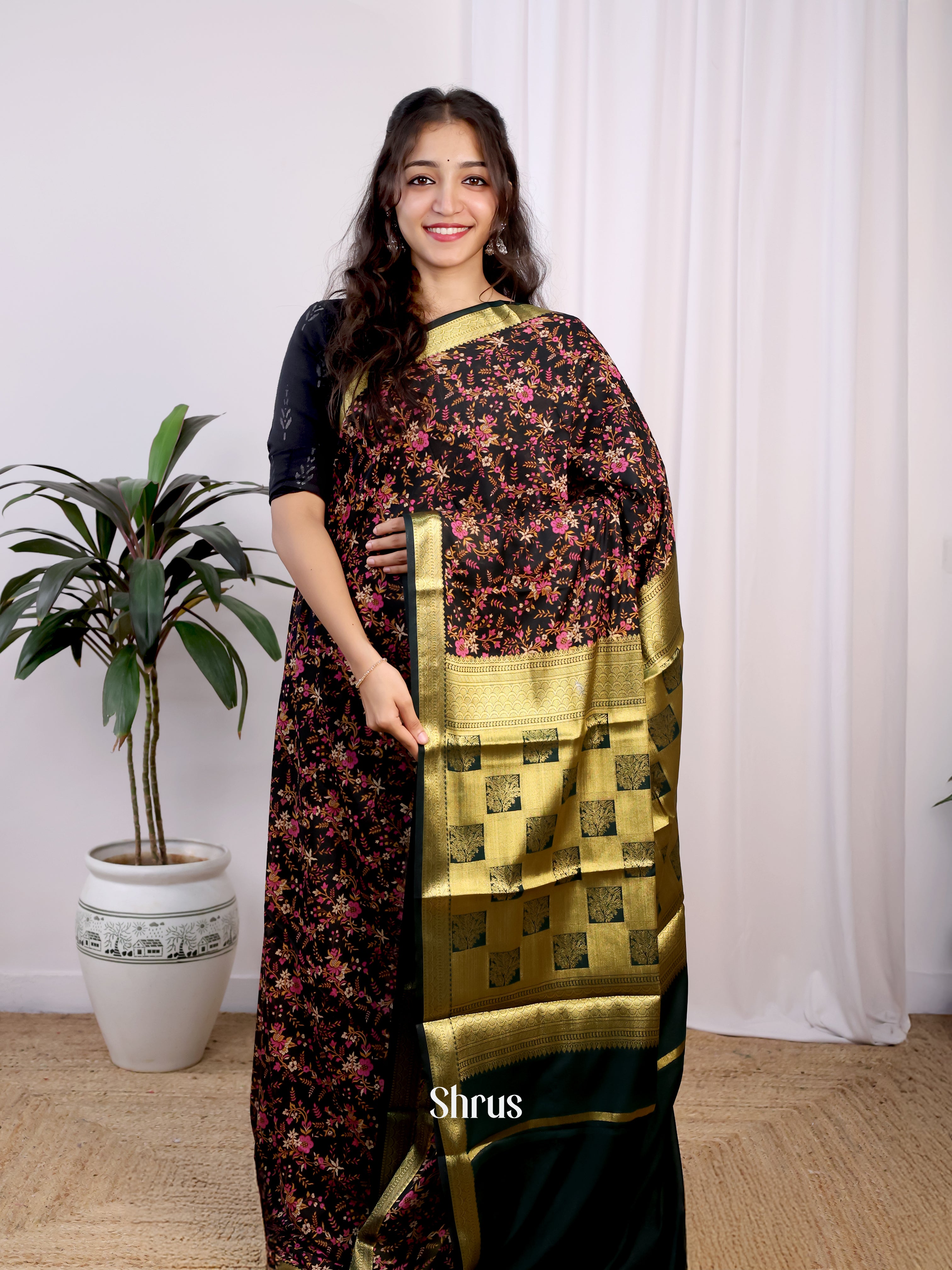 Black & Green - Semi Mysoresilk Saree