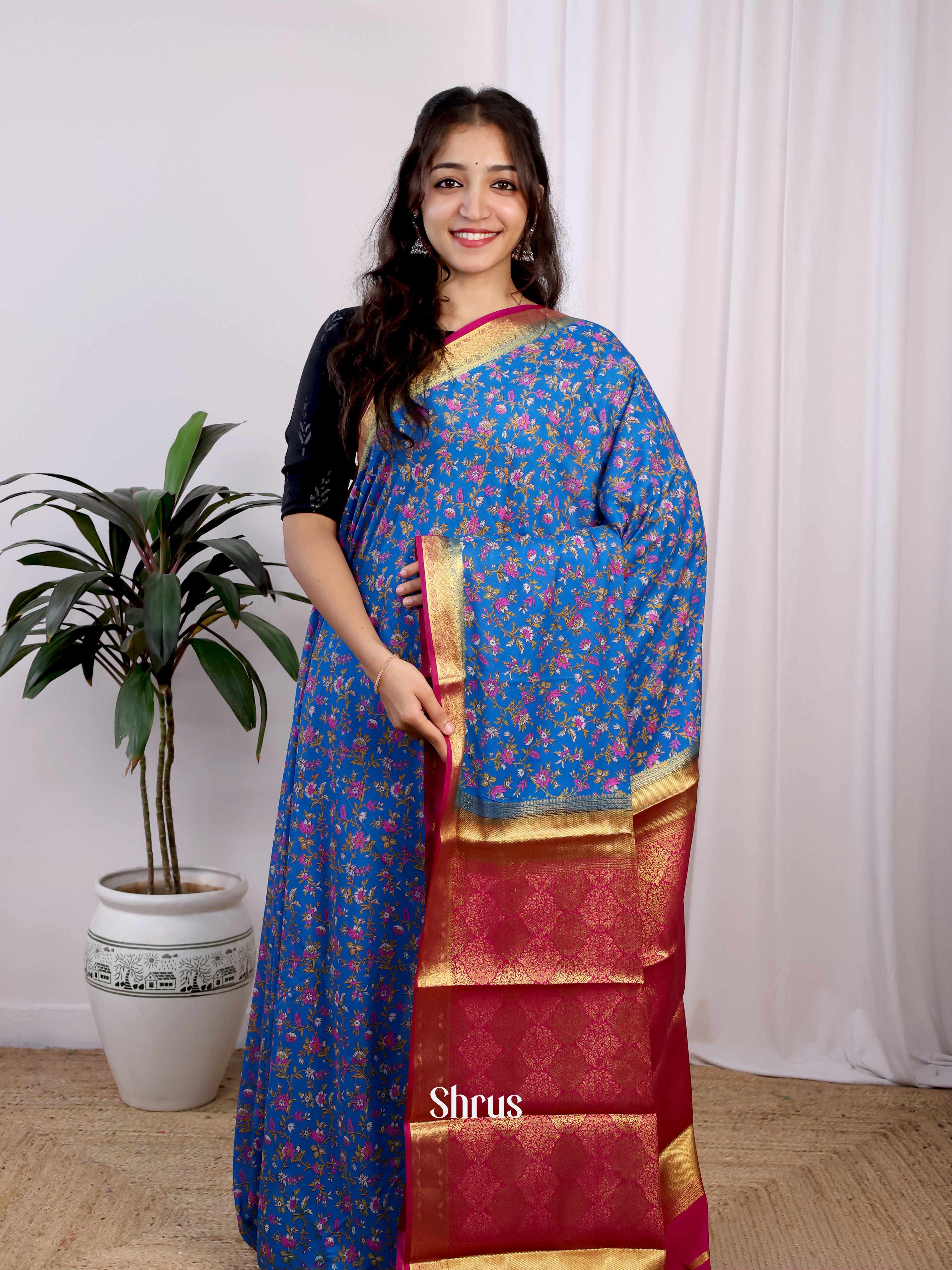 Blue & Pink - Semi Mysoresilk Saree