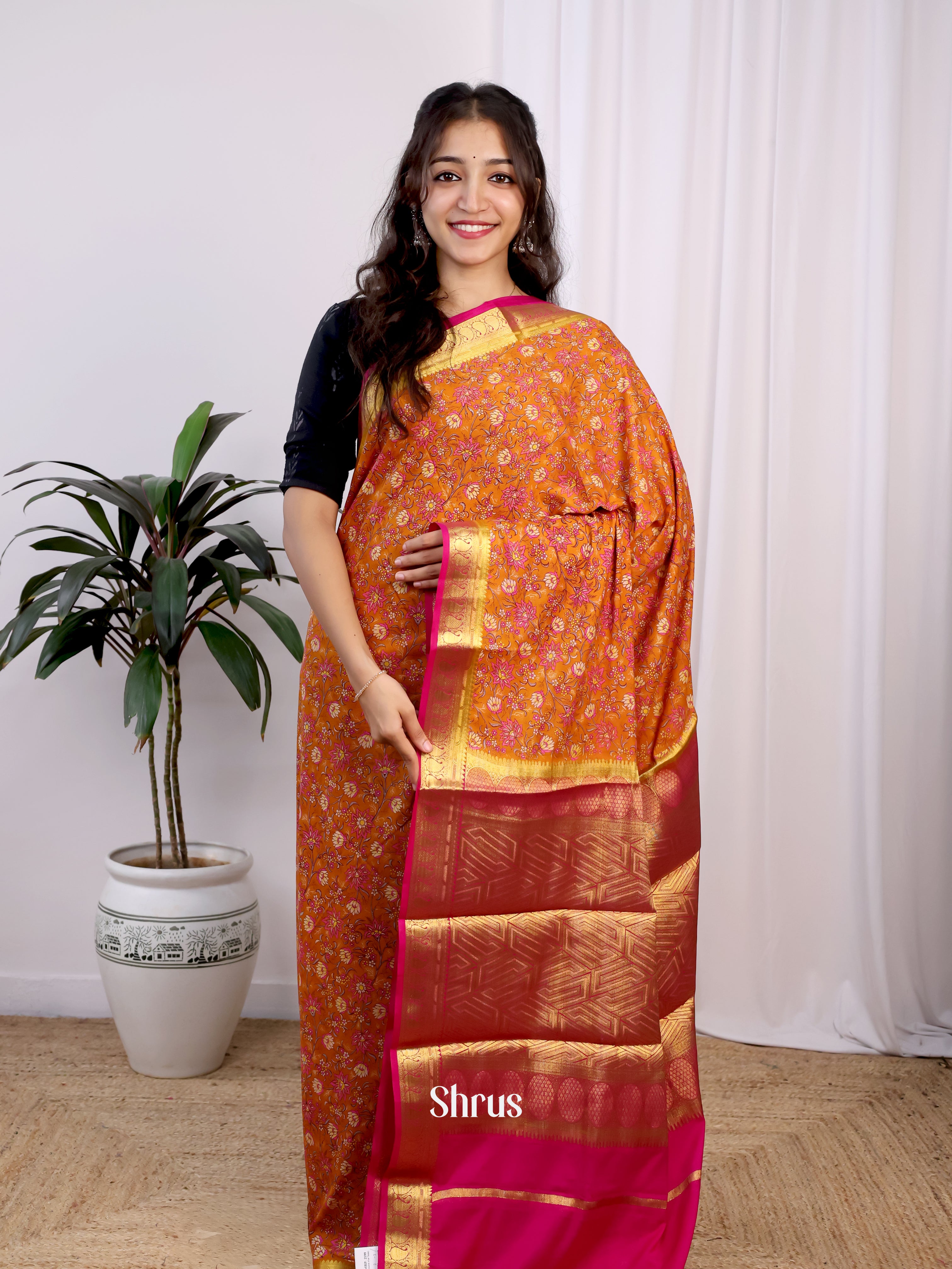 Orange & Pink - Semi Mysoresilk Saree