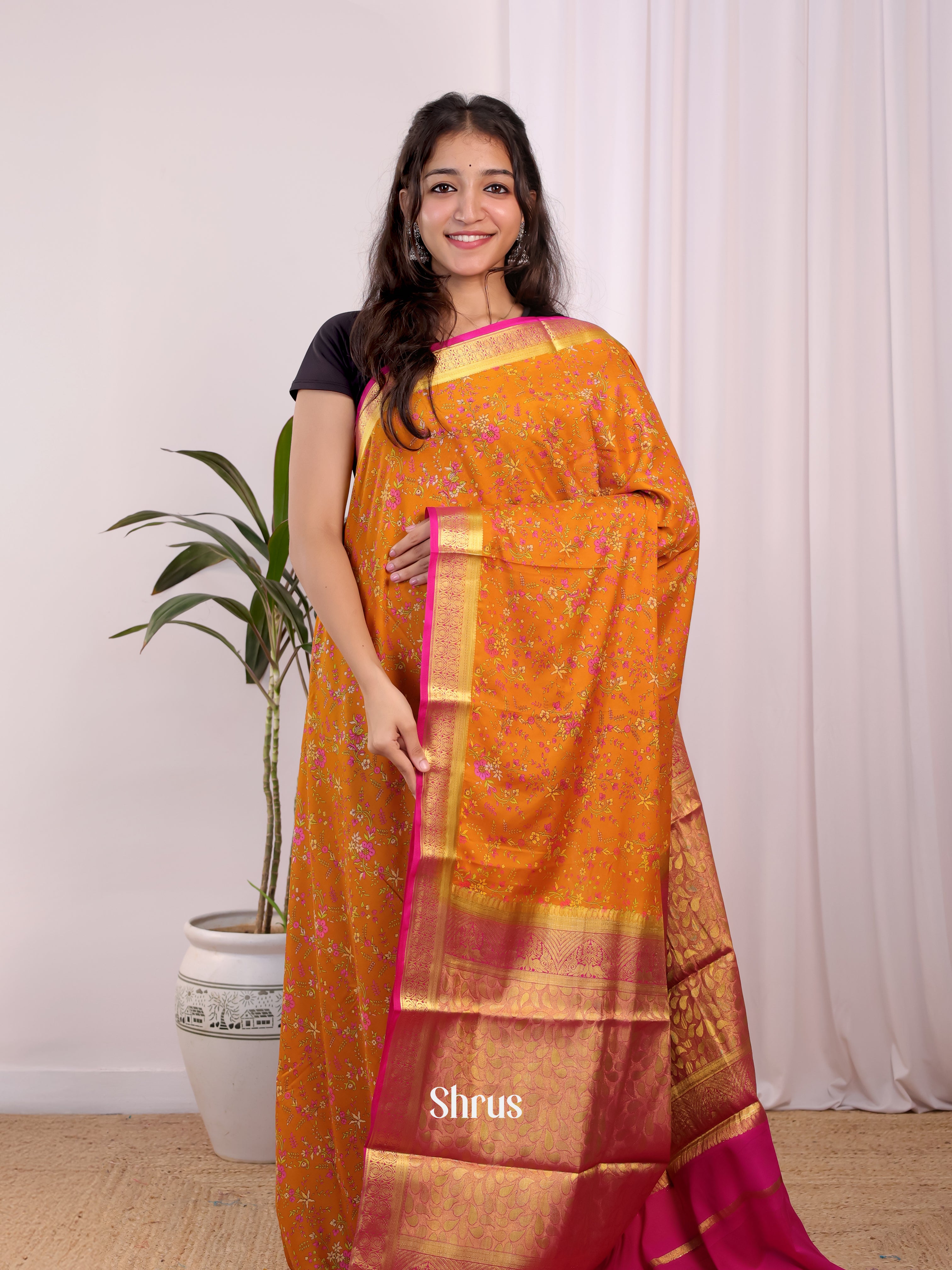 Mustard & Pink - Semi Mysoresilk Saree