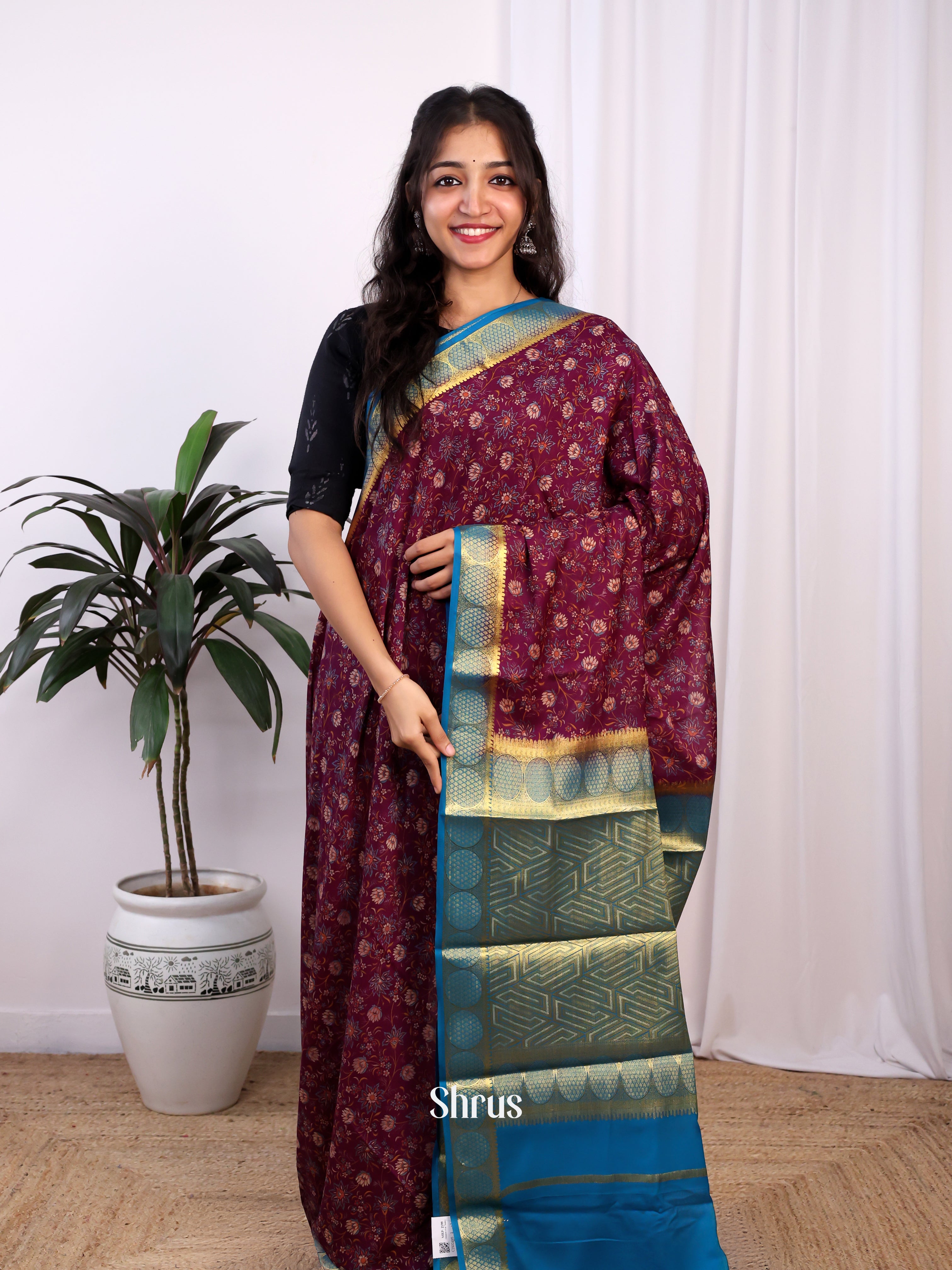 Maroon & Blue - Semi Mysoresilk Saree