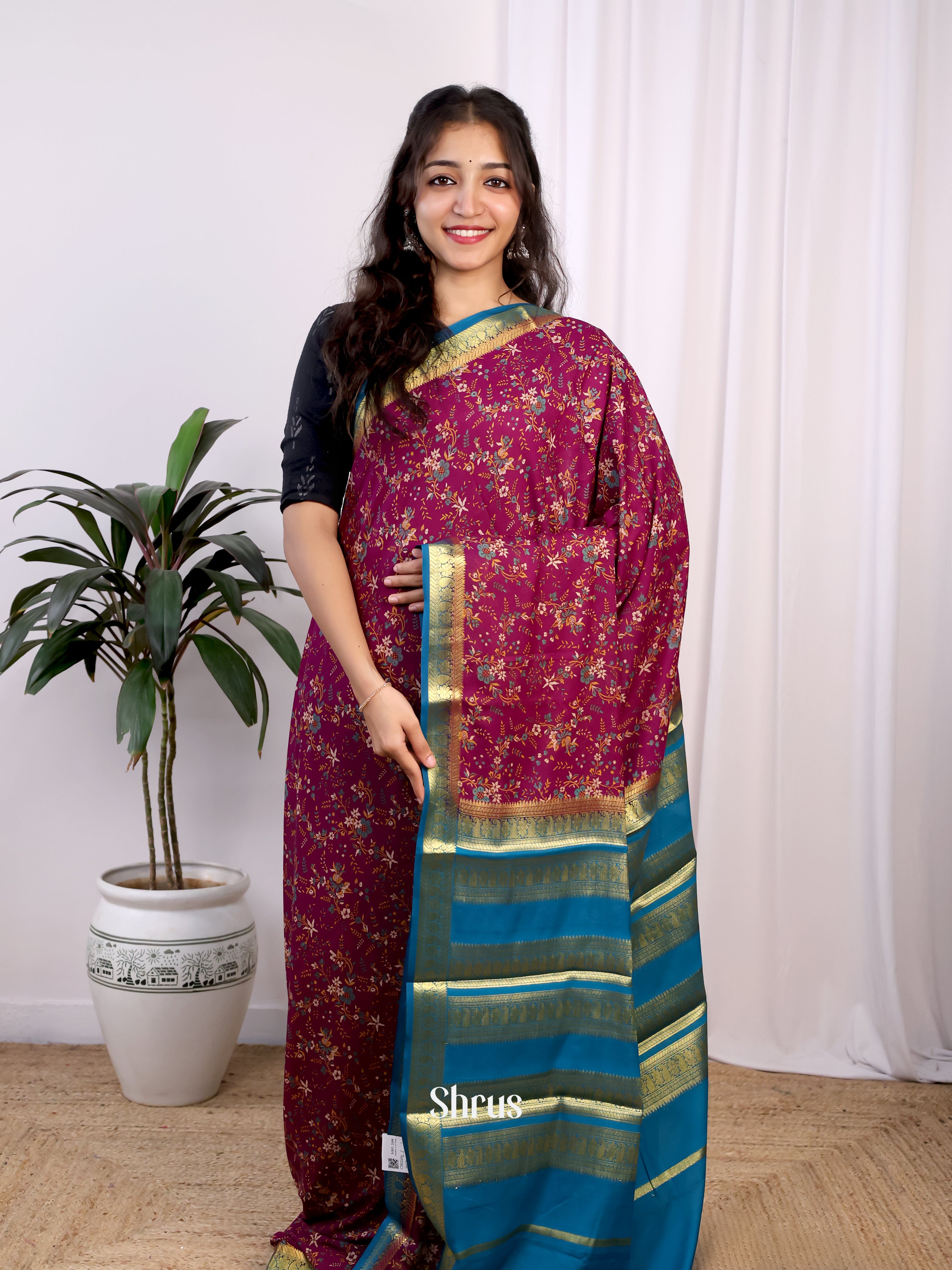 Maroon & Blue - Semi Mysoresilk Saree